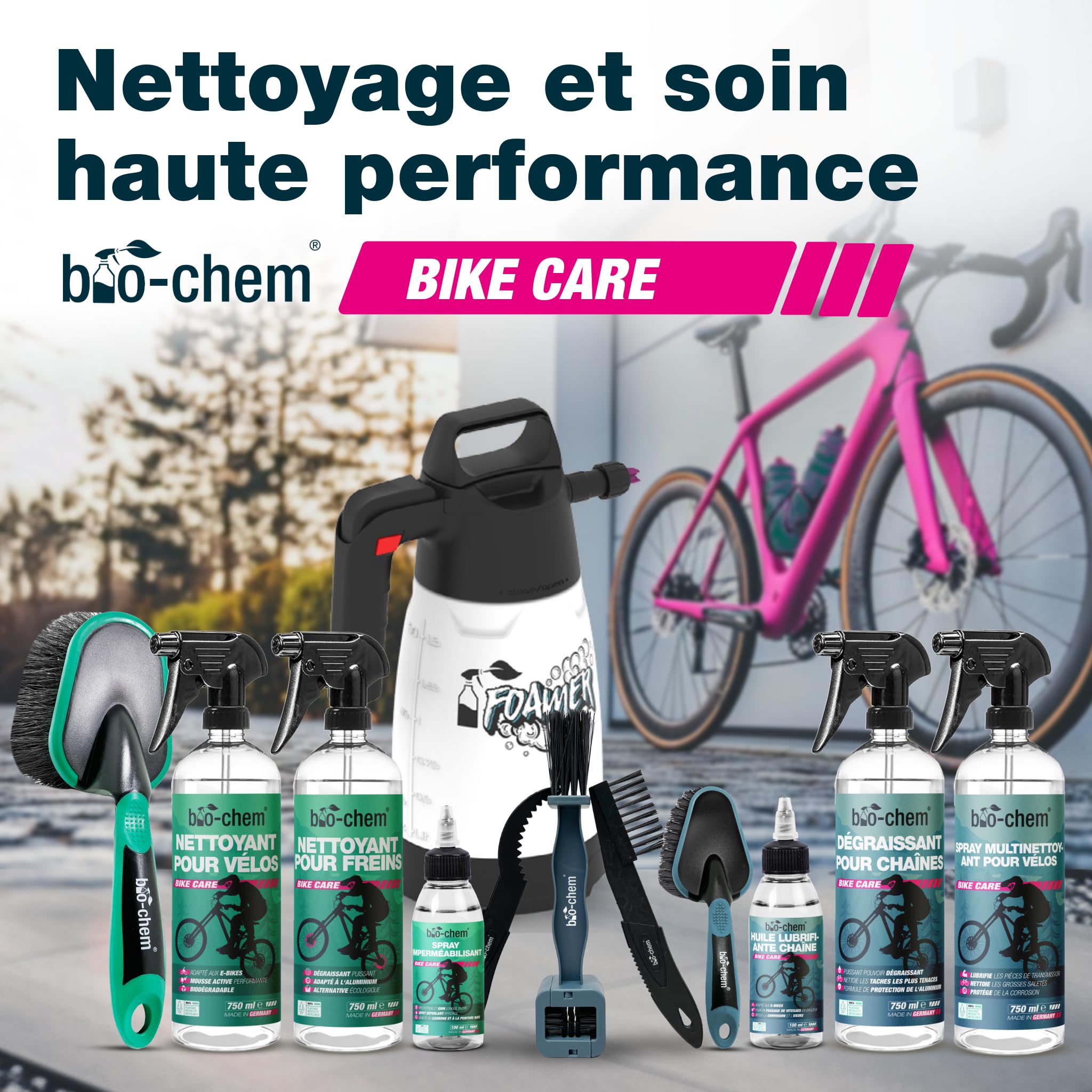 bio-chem Set de 9 accessoires de nettoyage pour vélo, vtt, e-bike | Vaporisateur de mousse, brosses pour chaîne et cadre et chiffon microfibre - Nettoyage et entretien du vélo