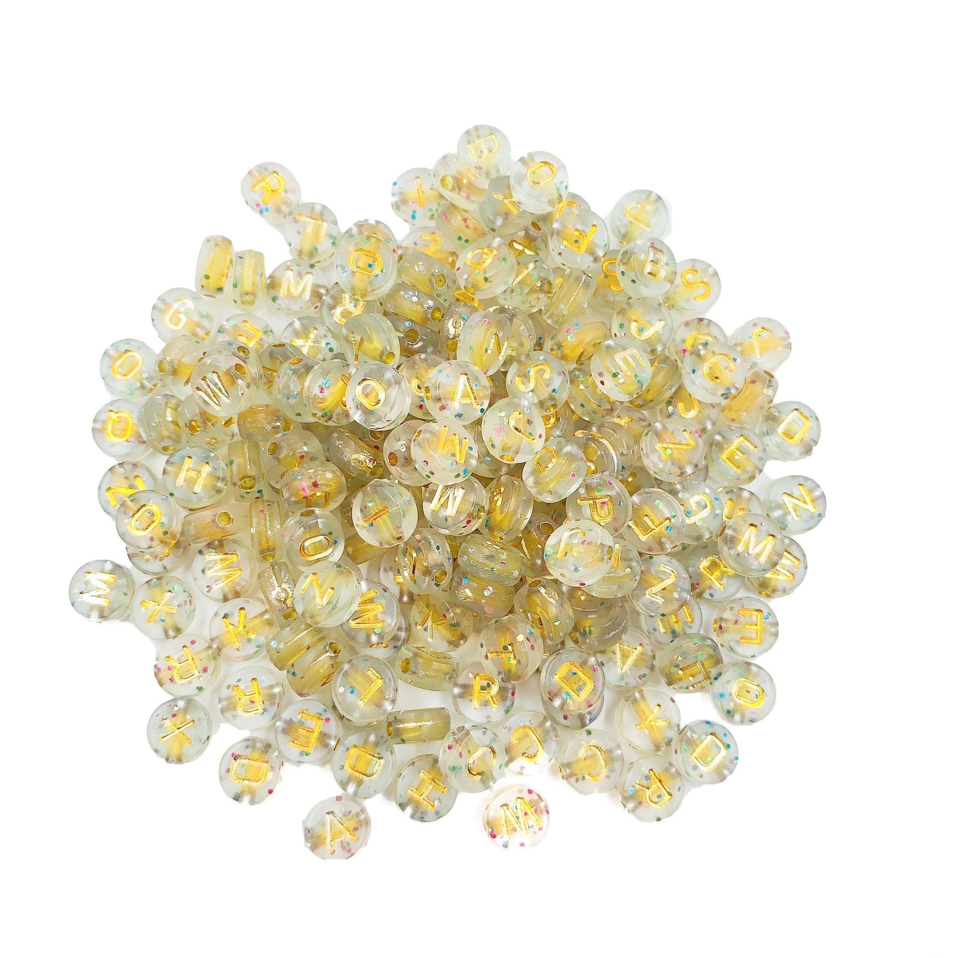 100 perle in acrilico, 7 mm, colore bianco, piatte, rotonde, lettera dell' alfabeto, lettere singole e assortite, O