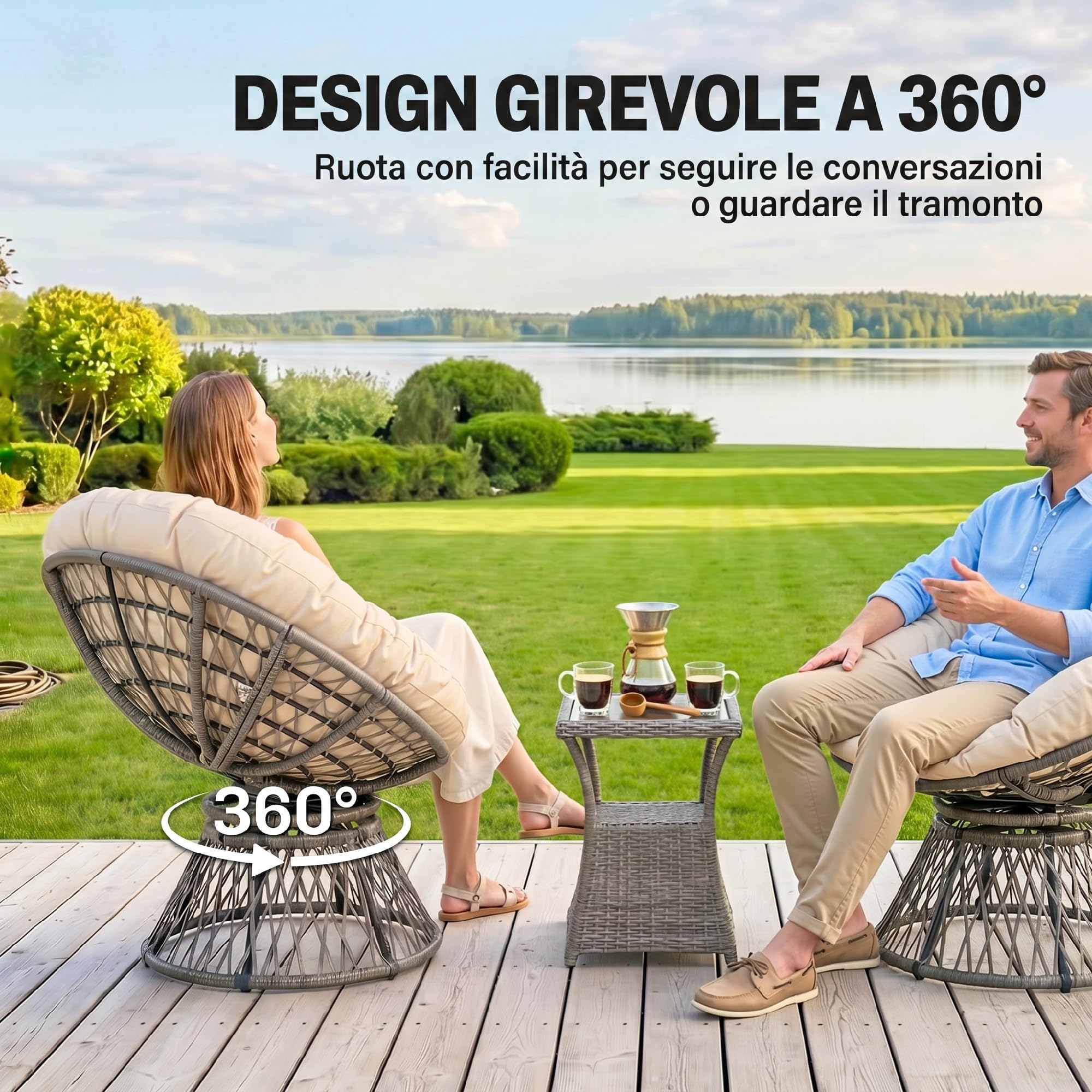 Outsunny Sillón Papasan Giratorio 360° de Ratán Sintético Silla Ovalada de Mimbre PE con Cojín y Marco de Acero Carga 160 kg para Jardín Patio Terraza 87x97x86 cm Gris y Crema