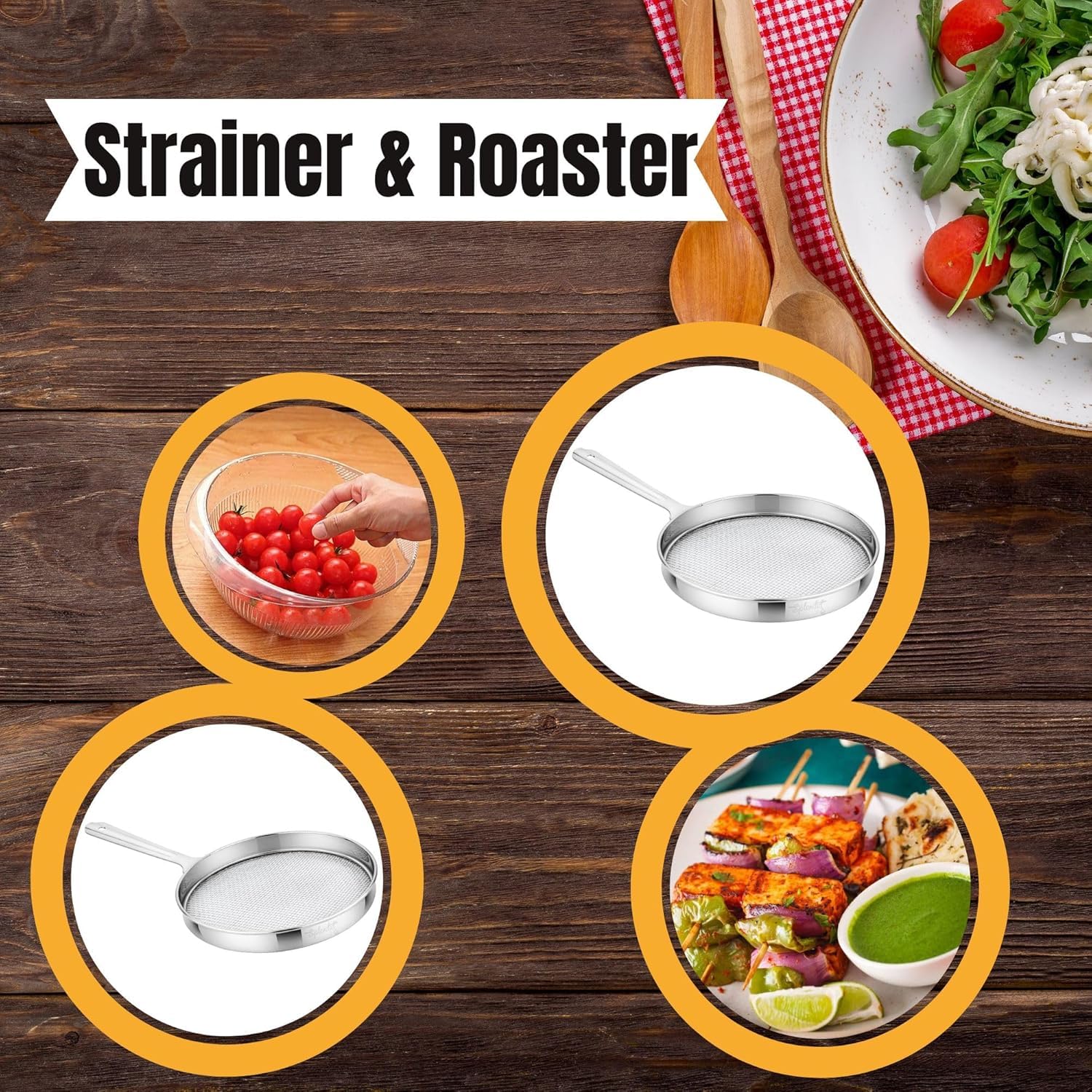 Cloudzy Roaster Barbecue Net Grill Steel Wire Roasting Net Charcoal Hand Warmer Rack BBQ Accessories Fish Burner Papad Jali Paneer Tandoor Net with Wooden Handle (Roaster Strainer) - Image 9 thumbnail