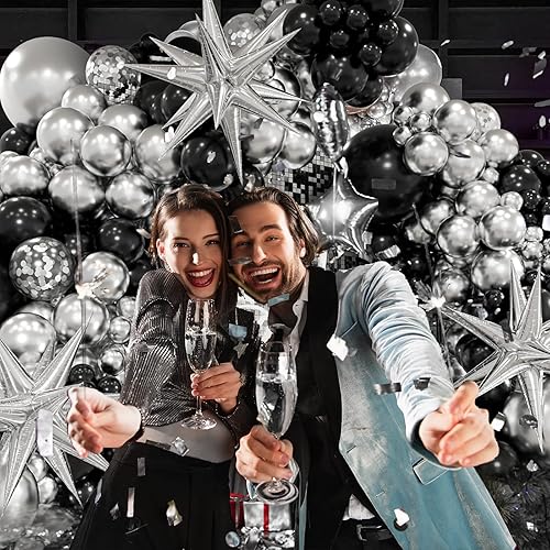 Miniatura 5 de FOTIOMRG Kit de arco de guirnalda de globos negros y plateados con 3 globos Starburst, globos metálicos plateados y negros para cumpleaños,