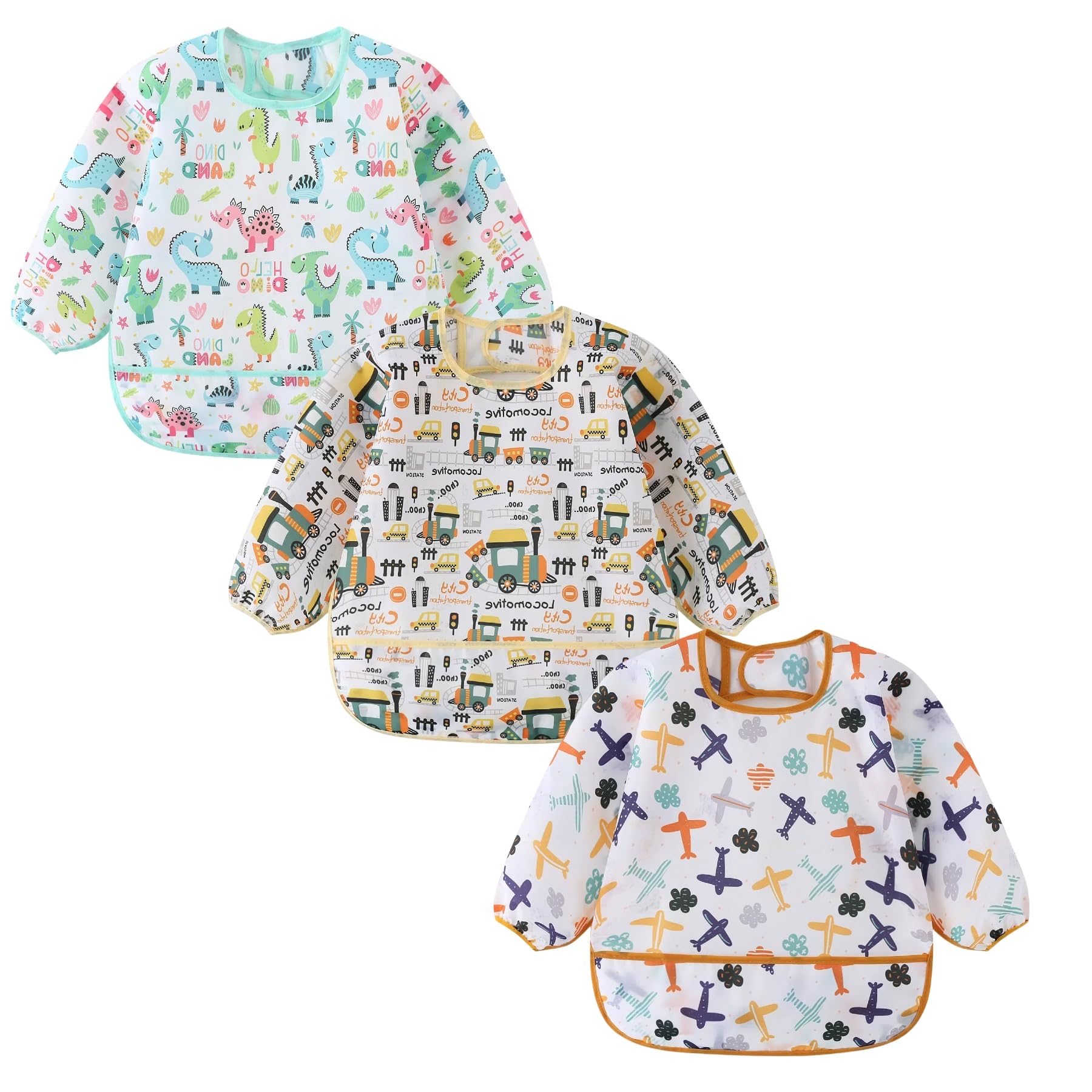 ElecMotive Long Sleeve Bibs 3 Pack Waterproof Sleeved Bib Baby Toddler Soft Bib for 6-30 Months