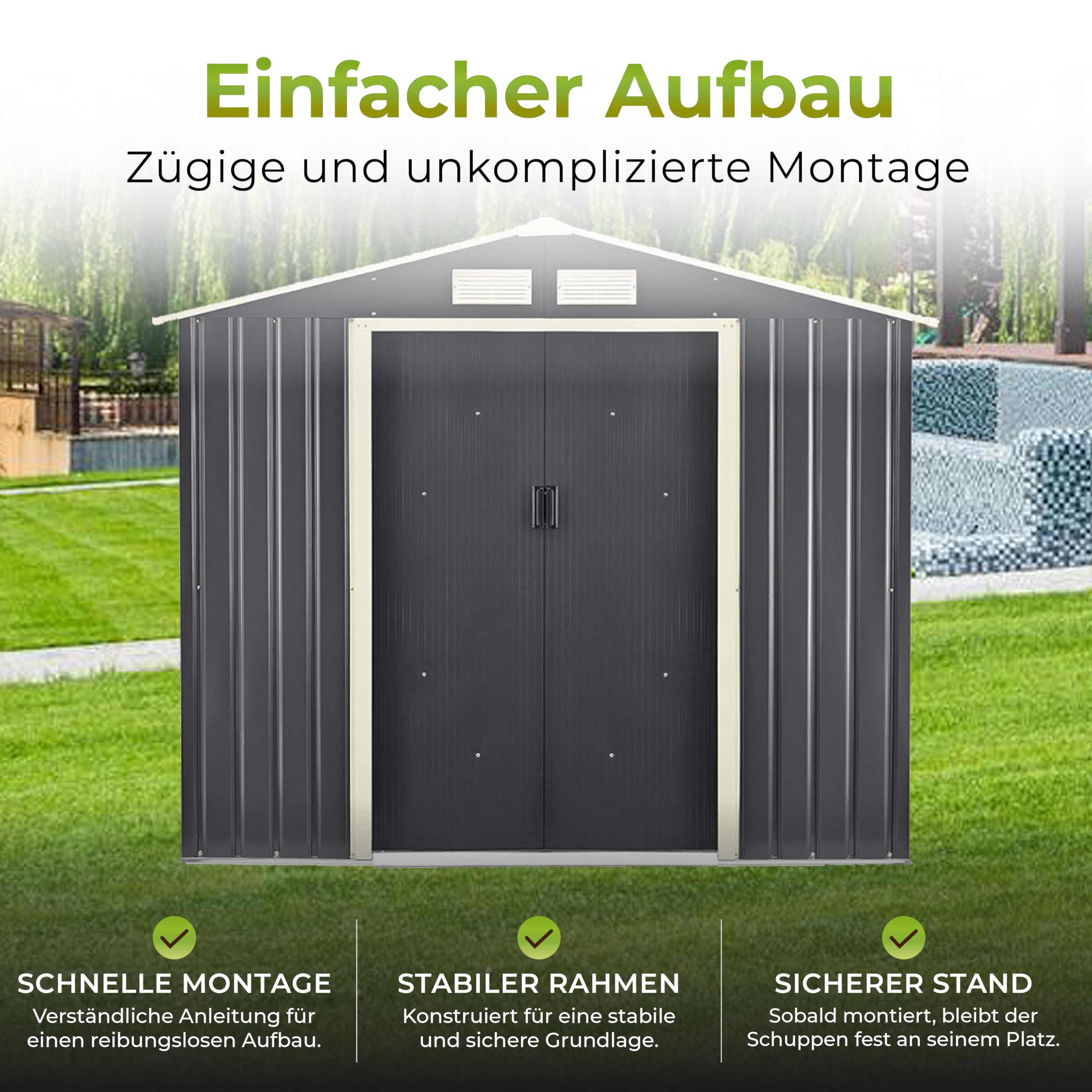 [en.casa] Geräteschuppen 213x127x185cm Gartenhaus 4 m³ mit Satteldach Metallrahmen Schuppen aus Stahlblech Abschließbar Gerätehaus 2 Schiebetür Dunkelgrau