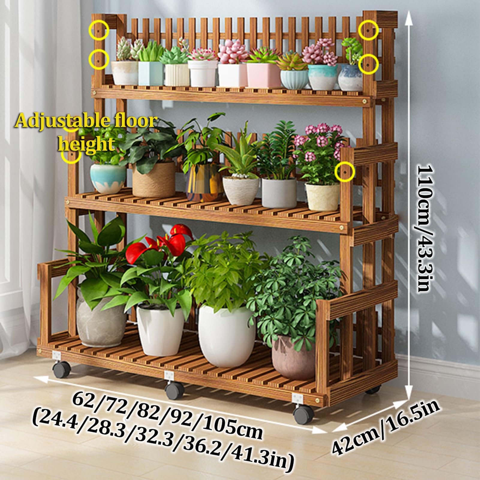 Regulowana 3-poziomowa półka z drabiną na rośliny, do użytku wewnątrz i na zewnątrz, brązowy stojak ogrodowy 62 x 42 x 110 cm, idealny dla miłośników roślin