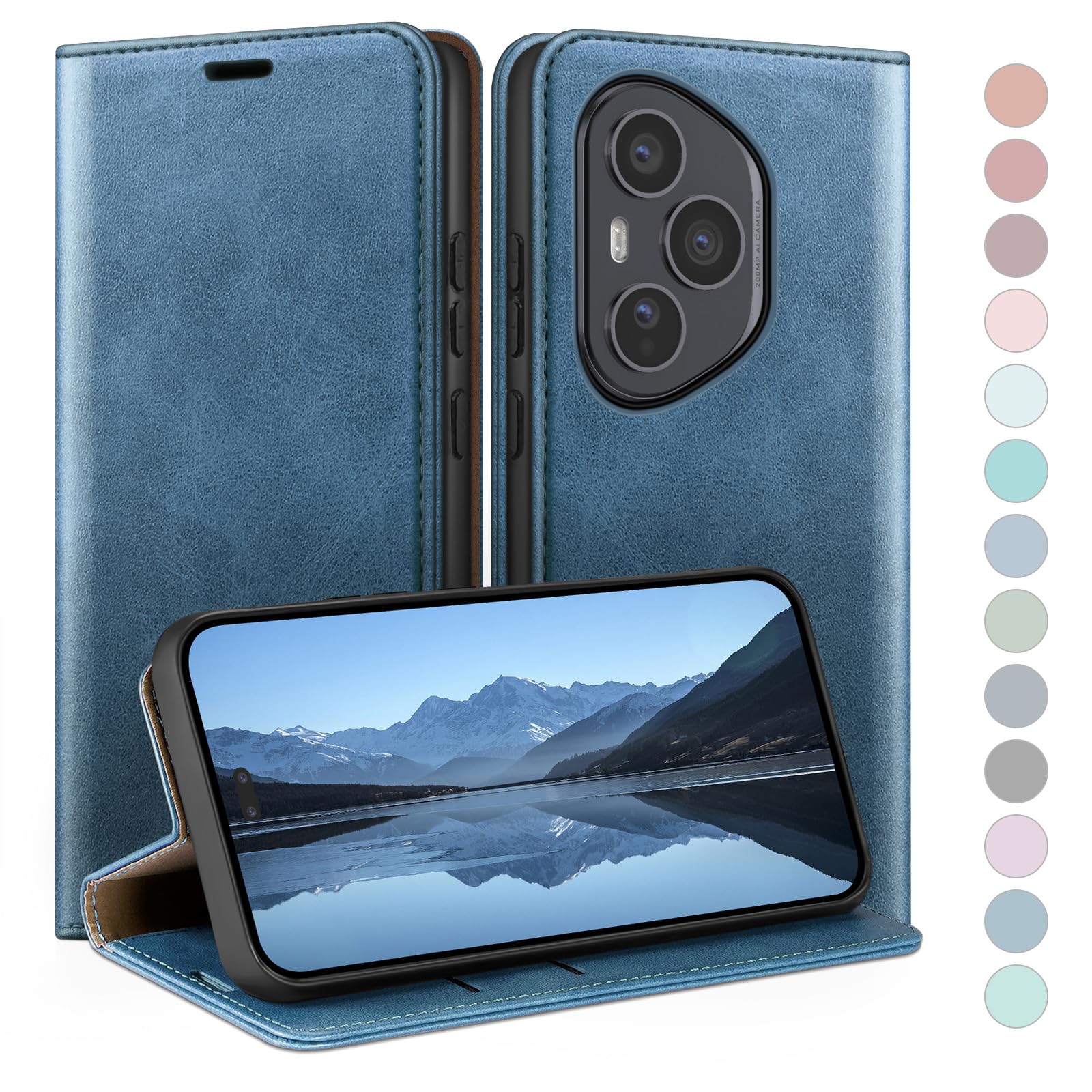 Coque Honor 400 Pro 5G en cuir premium avec rabat bleu