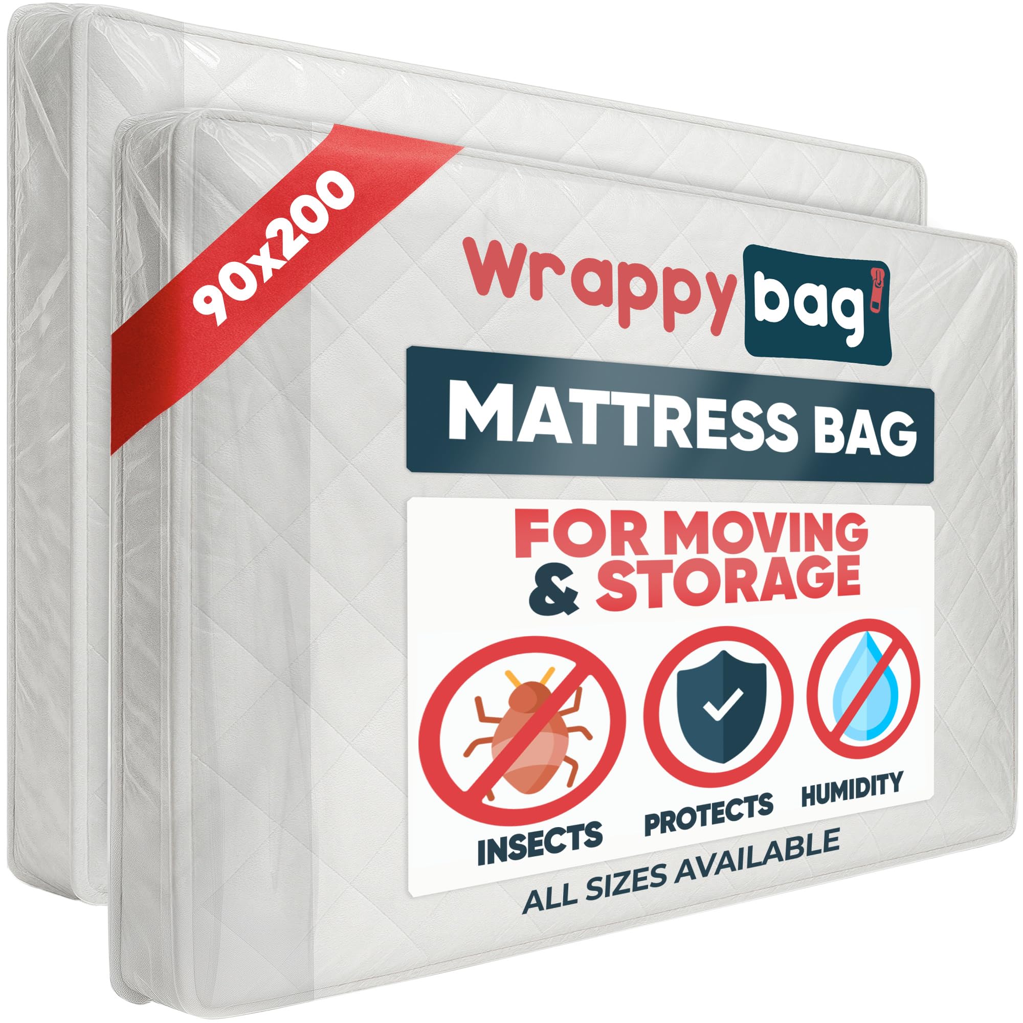 Wrappybag Transparent – Plastic Mattress Protector Cover – Storage Bag With Flap – Mattress Bags For Moving, Storage & Transport – Single 90 X 200 Cm - Set Of 2