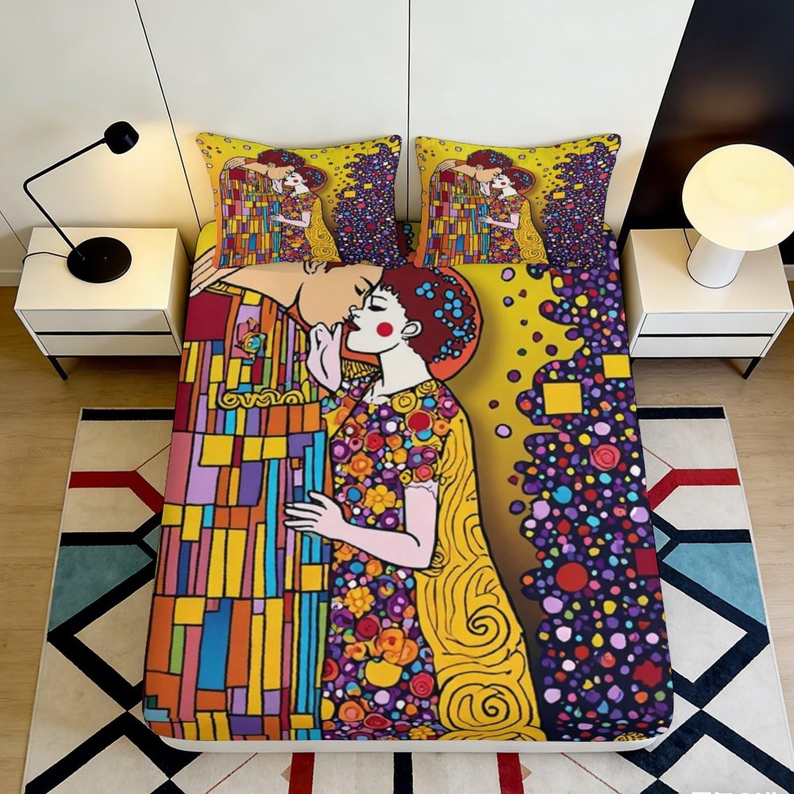 3D Printed Romantic Couple Fitted Sheet Microfiber Soft Breathable Abstract Pattern Mattress Cover for Bedroom Dormitory Guest Room Protective Decor 200x200x25cm
