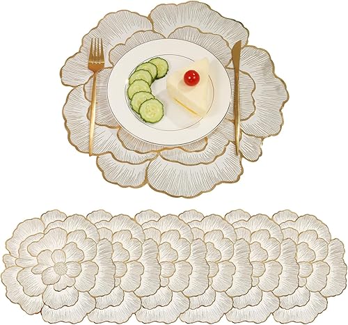 6 manteles individuales redondos florales de vinilo metálico brillante, resistentes al calor, reutilizables, para decoración de bodas, fiestas,