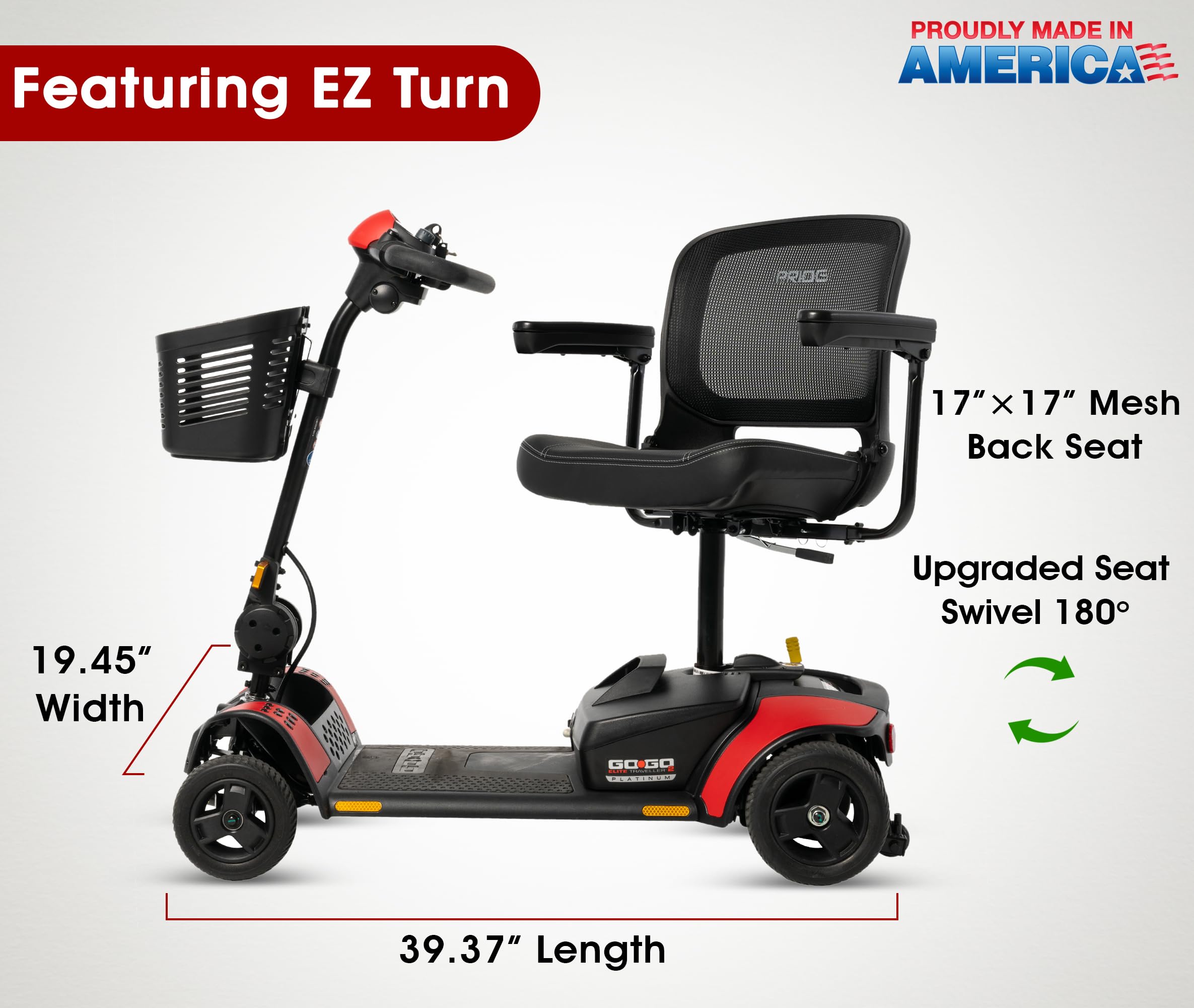 Pride Go Go Elite Traveller 2 Platinum - Patinete de movilidad + accesorios, fabricado en Estados Unidos, nueva tecnología EZ Turn Tech, capacidad de 300 libras, 4.23 MPH, rango de 13.8 millas