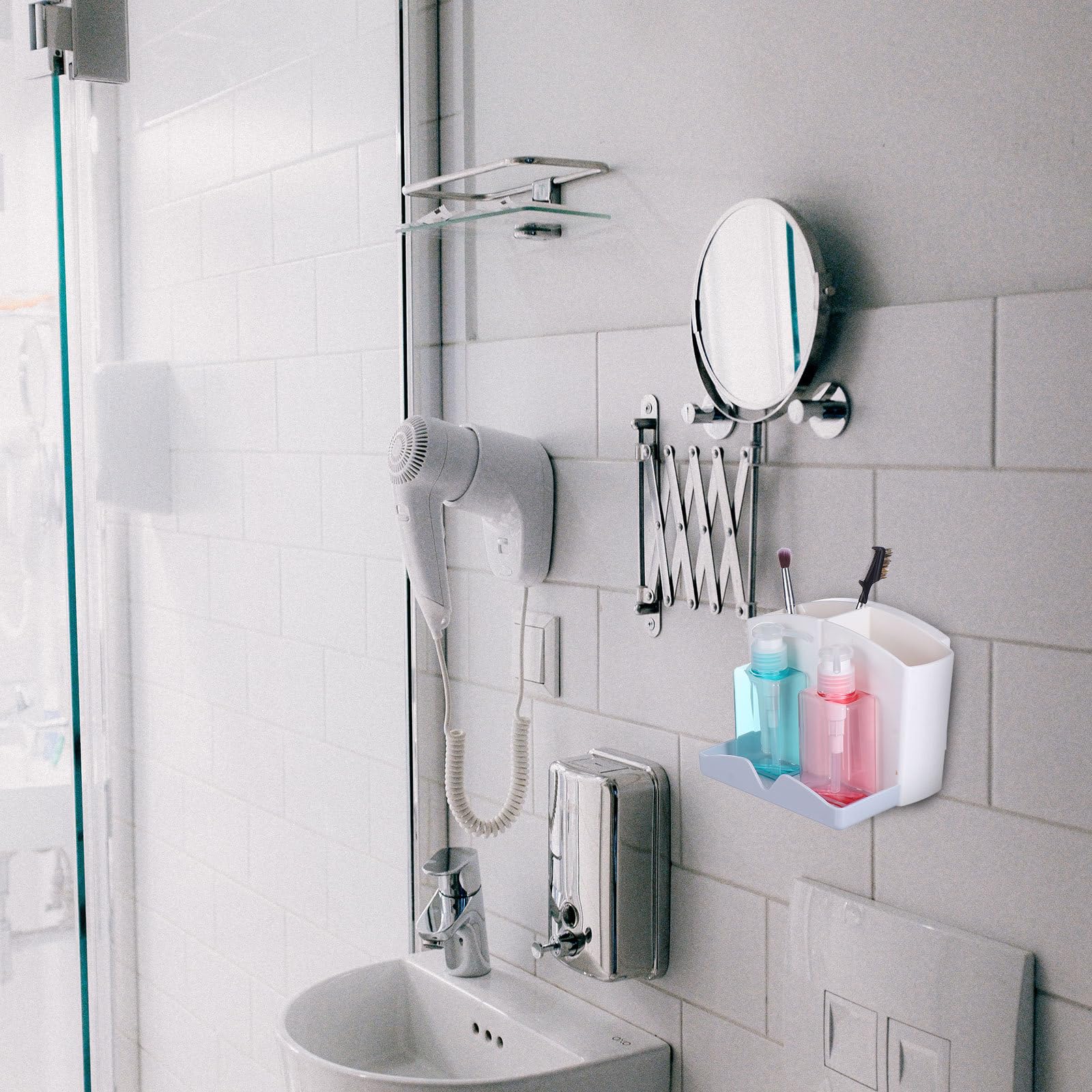 BESPORTBLE Porta Spazzolino da Denti da Parete Multifunzione in Abs senza Perforazione Scatola Porta Pettini e Portaoggetti per Bagno Fori di Drenaggio e Adesivo Resistente per