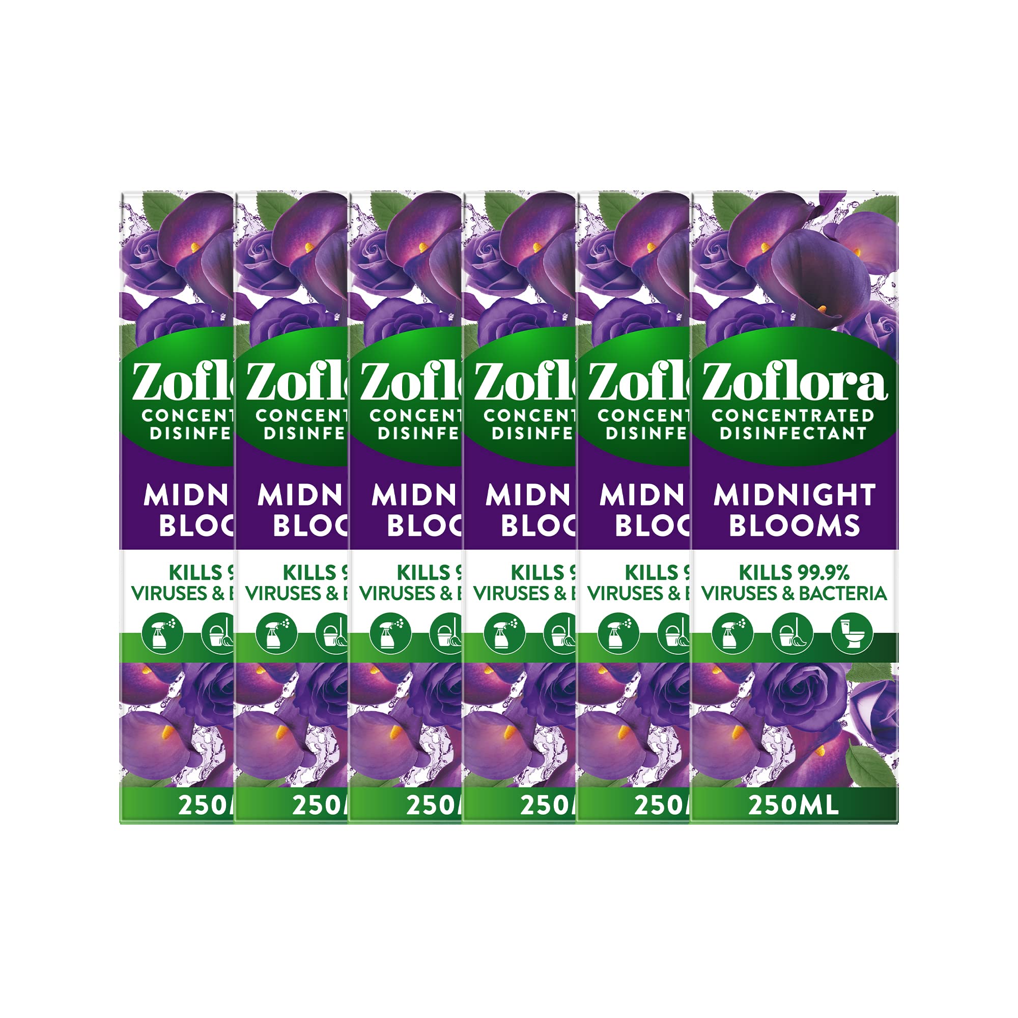 Zoflora Midnight Blooms 6pc x 250ml, Concentrated 3-in-1 Multipurpose Disinfectant Kills 99.9% of Bacteria & Viruses