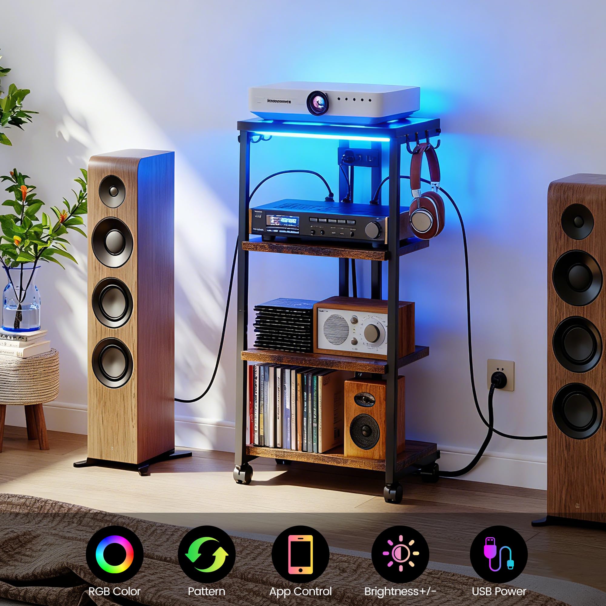 Homeiju Smart Media Console con luci RGB controllate da APP, centro di intrattenimento in legno per giochi e supporto TV, archiviazione per PS5/Xbox/Stereo e DVD Organizer