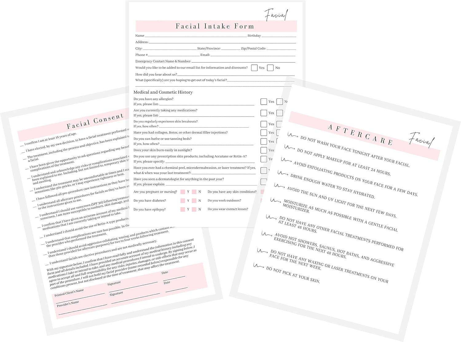 Buy Facial Consent Form, Intake Form, Aftercare Form 75 Pack 8.5x11" inch Paper Size Form