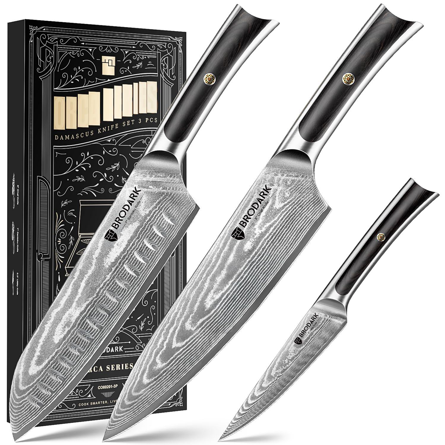 BRODARK 3PCS Damascus Chef Knife Set, VG10 Full Tang, Pakkawood Handle