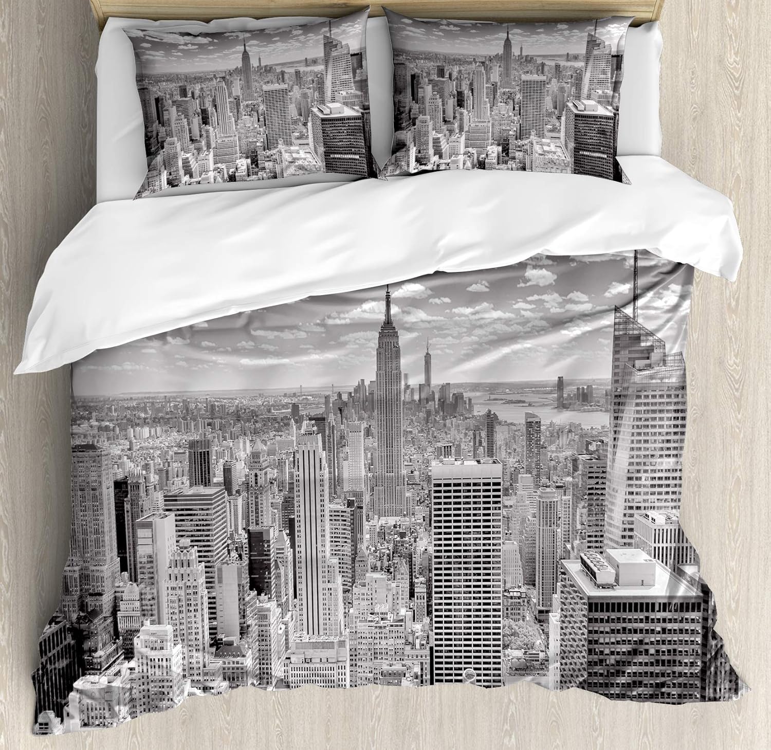 Ambesonne New York Duvet Cover Set, NYC Over Manhattan from Top of Skyscrapers Urban Global Culture City Panorama, Decorative 3 Piece Bedding Set with 2 Pillow Shams, Queen Size, Grey Queen Grey
