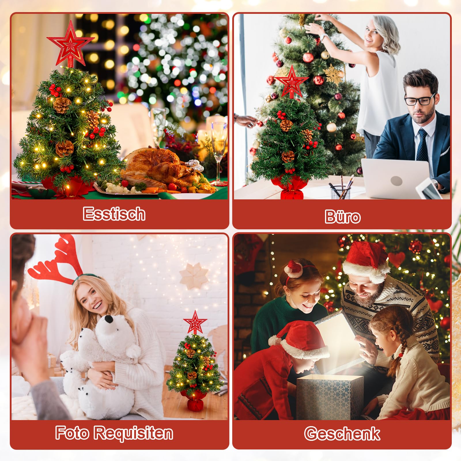 AGM 60 cm Tisch Weihnachtsbaum Klein mit 50 LEDs Lichterketten Deko 42 Rote Beeren 6 Tannenzapfen 24inch Künstlicher Christbäume für Weihnachts Dekoration, 1 fünfzackiger Stern Oben