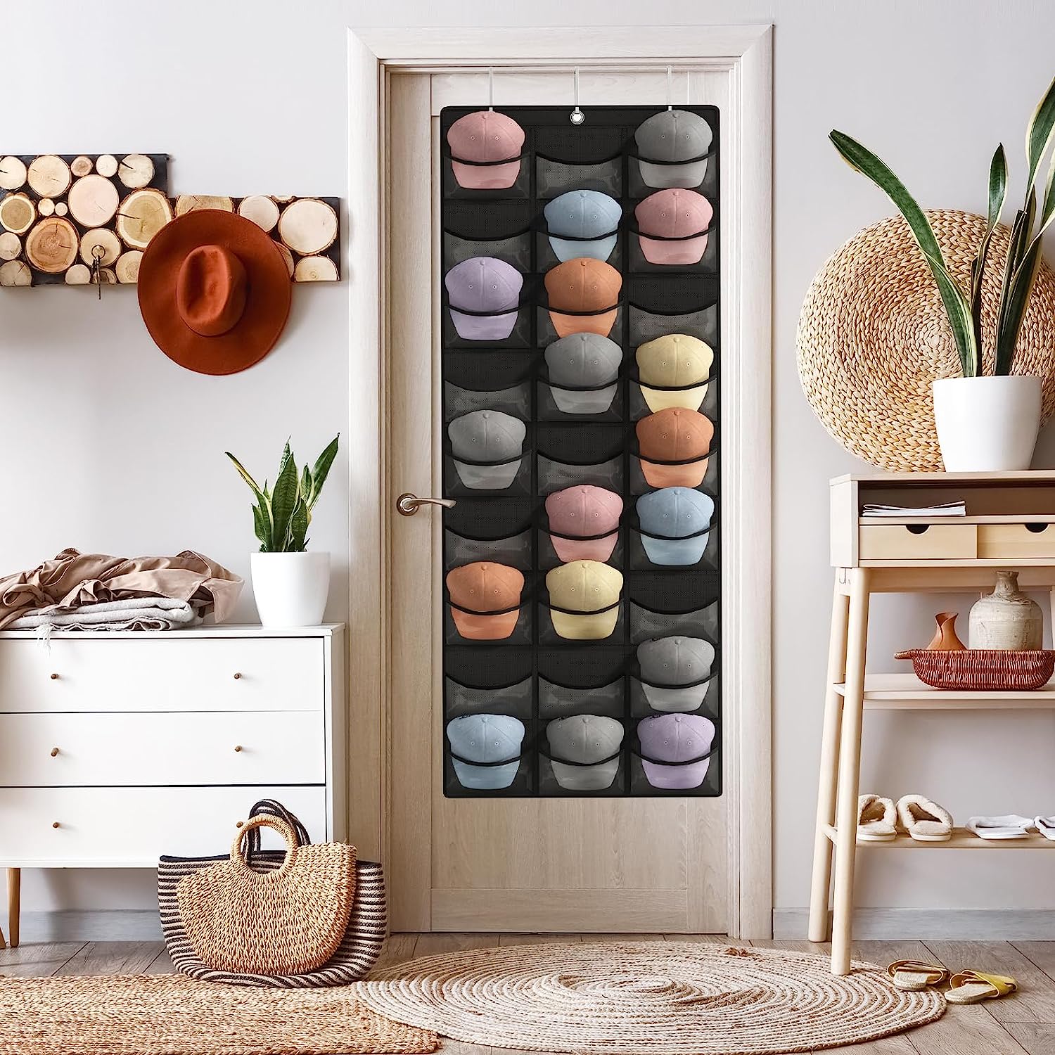 Porte-casquettes Suspendu 27 Poches - Pour Porte Ou Mur - Tissu Oxford 600D - Transparent - Jusqu'à 81 Chapeaux