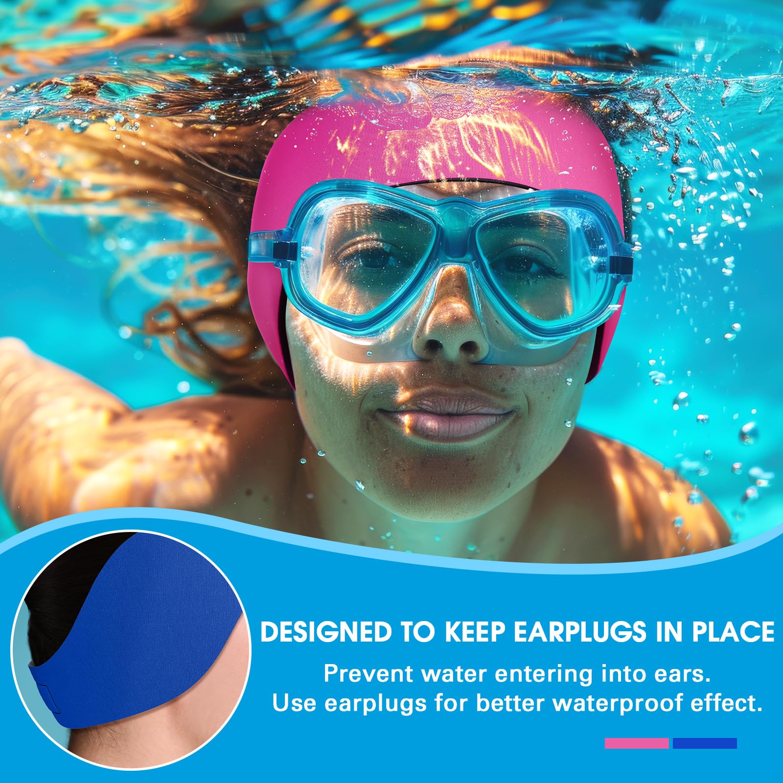 Lunmon 2 pares de diademas de natación ajustables para adultos, impermeables, tapones de seguridad para los oídos, protectores de natación para piscina, surf, buceo y deportes acuáticos (azul, coral)