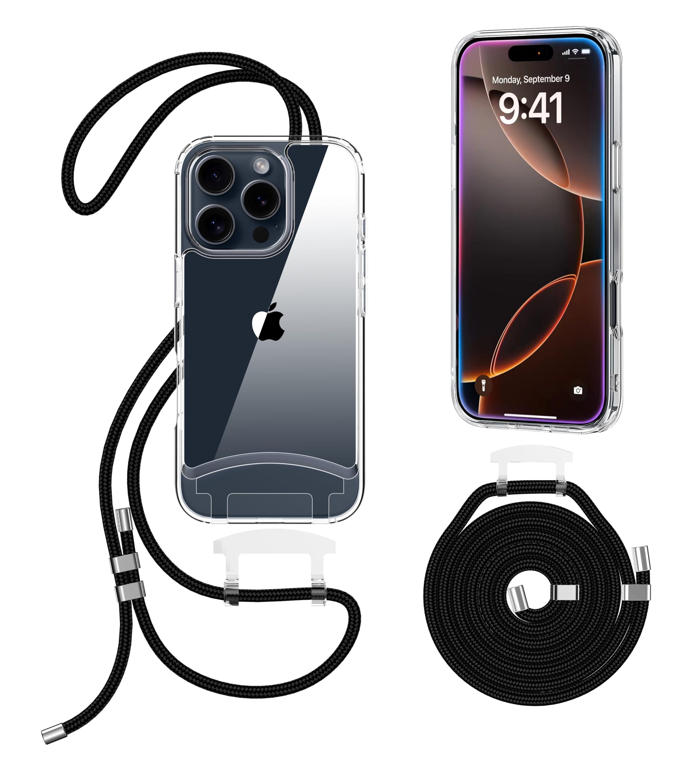 OLEPHY Handykette mit Band für iPhone 16 Pro Hülle, Schwarz | Verstellbarem und Demontage Band, Transparente Case mit Kordel für Outdoor & Wanderungen | Freiheit für Hände,