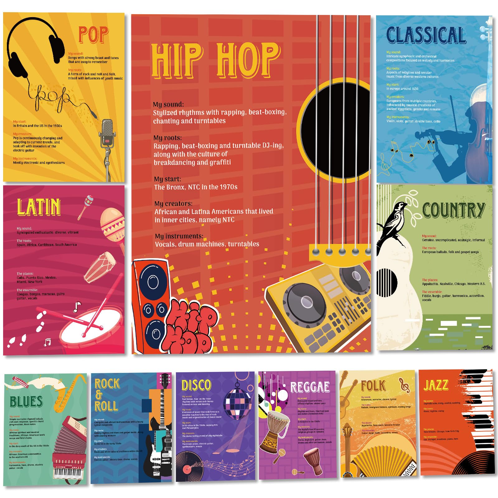 Pajean 11 Pcs Music Classroom Posters Musical Educational Posters Bulletin Board Set for Classroom Decoration Primary Middle High School Back to