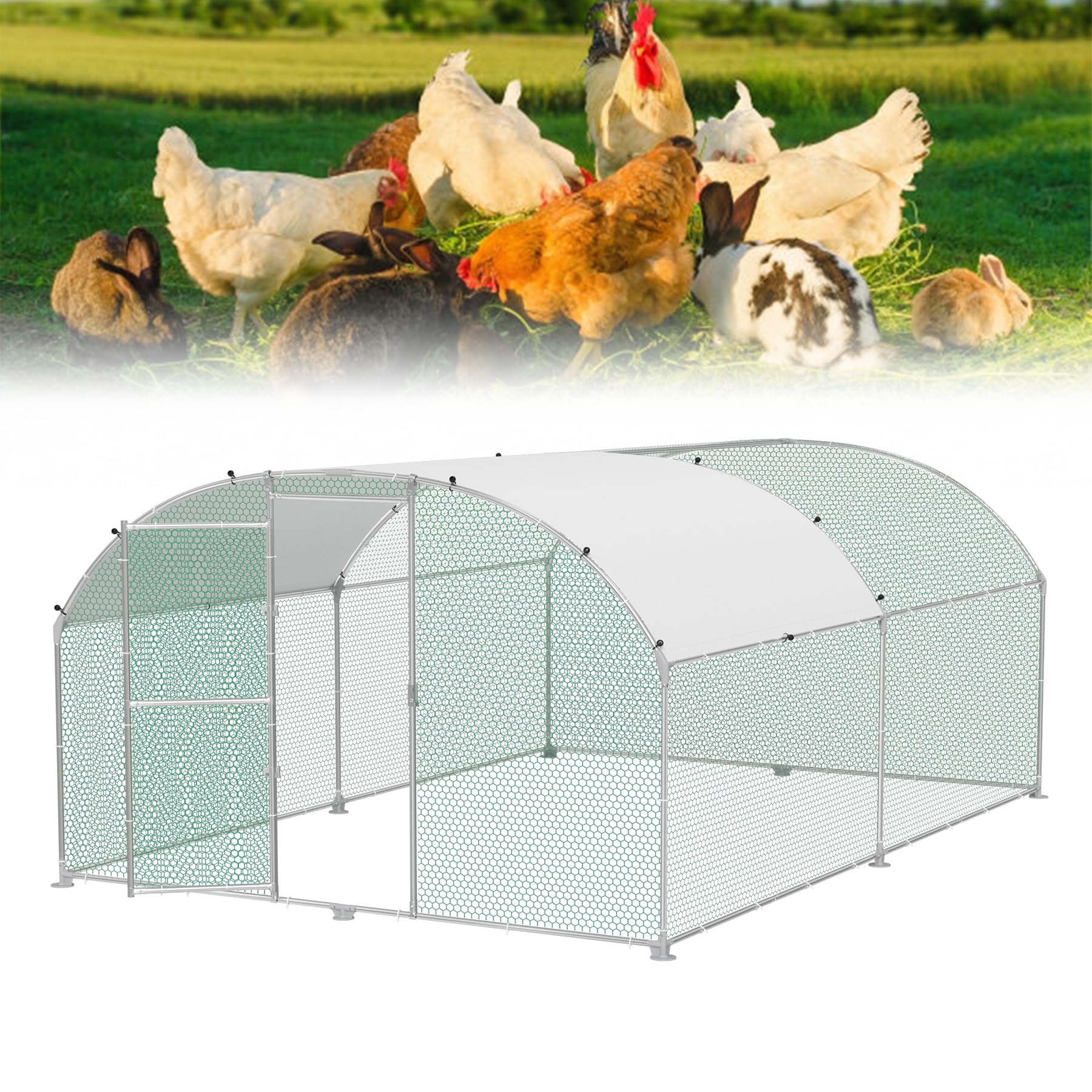 Froadp Gallinero de 3 x 4 m, de metal galvanizado, con protección solar, techo y puerta con cerradura, jaulas de aves de corral, para pollos, conejos