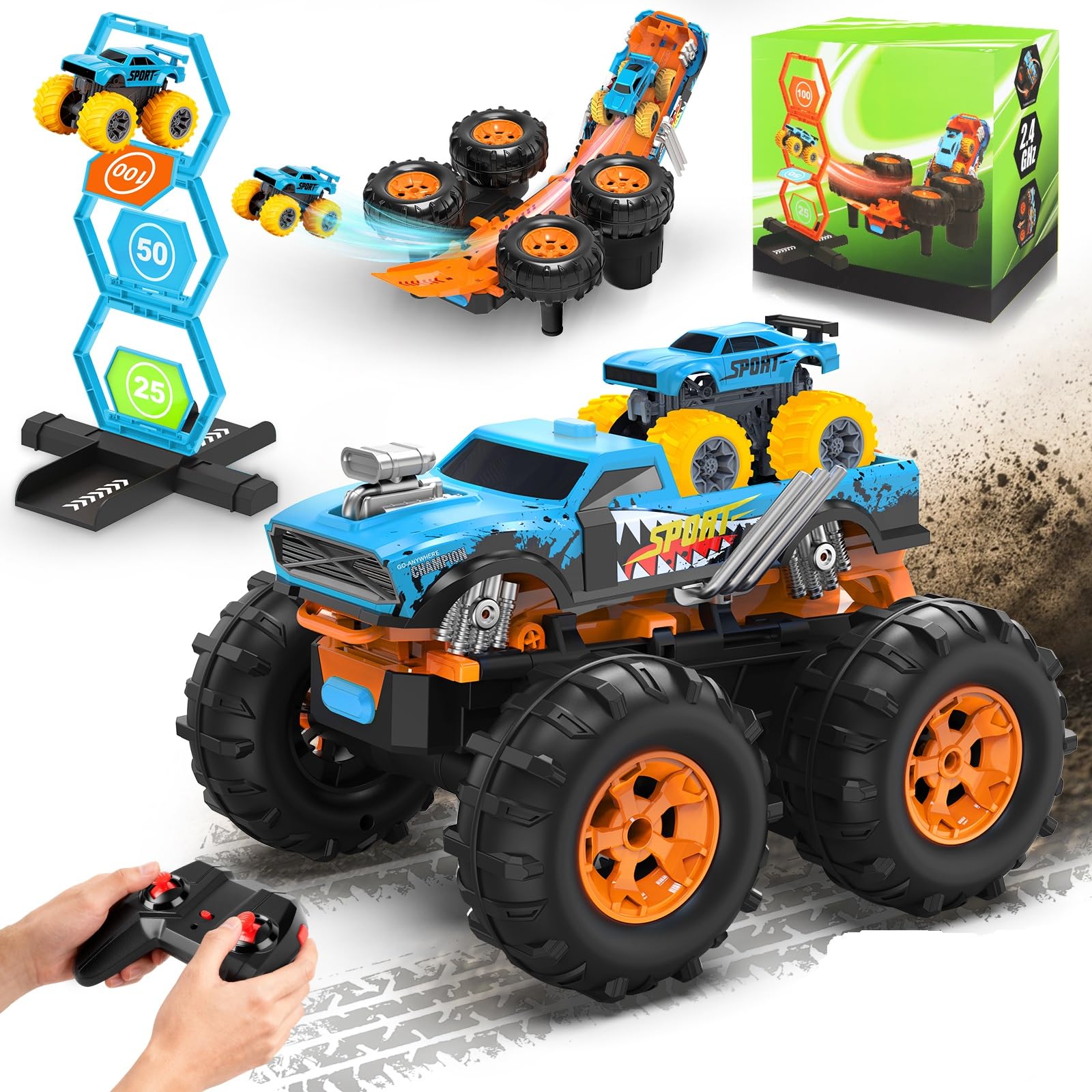 IEEILULU 2 w 1 Monster Truck Pilot zdalnego sterowania, 1:16 2WD Transform Car Pilot z funkcją uruchamiania, pionowy bieg, obrót o 360° dla chłopców dziewcząt w wieku 4 5 6 10 lat