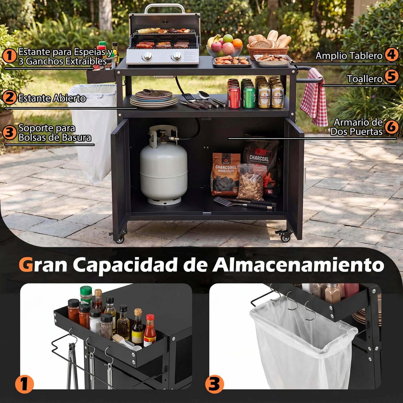 COSTWAY Carrito de Barbacoa con Ruedas, Acero, Armario de 2 Puertas, Estante, 3 Ganchos y Soporte para Bolsas de Basura, Carro de Servicio Cocina Interior y Exterior, 109 x 45 x 89 cm