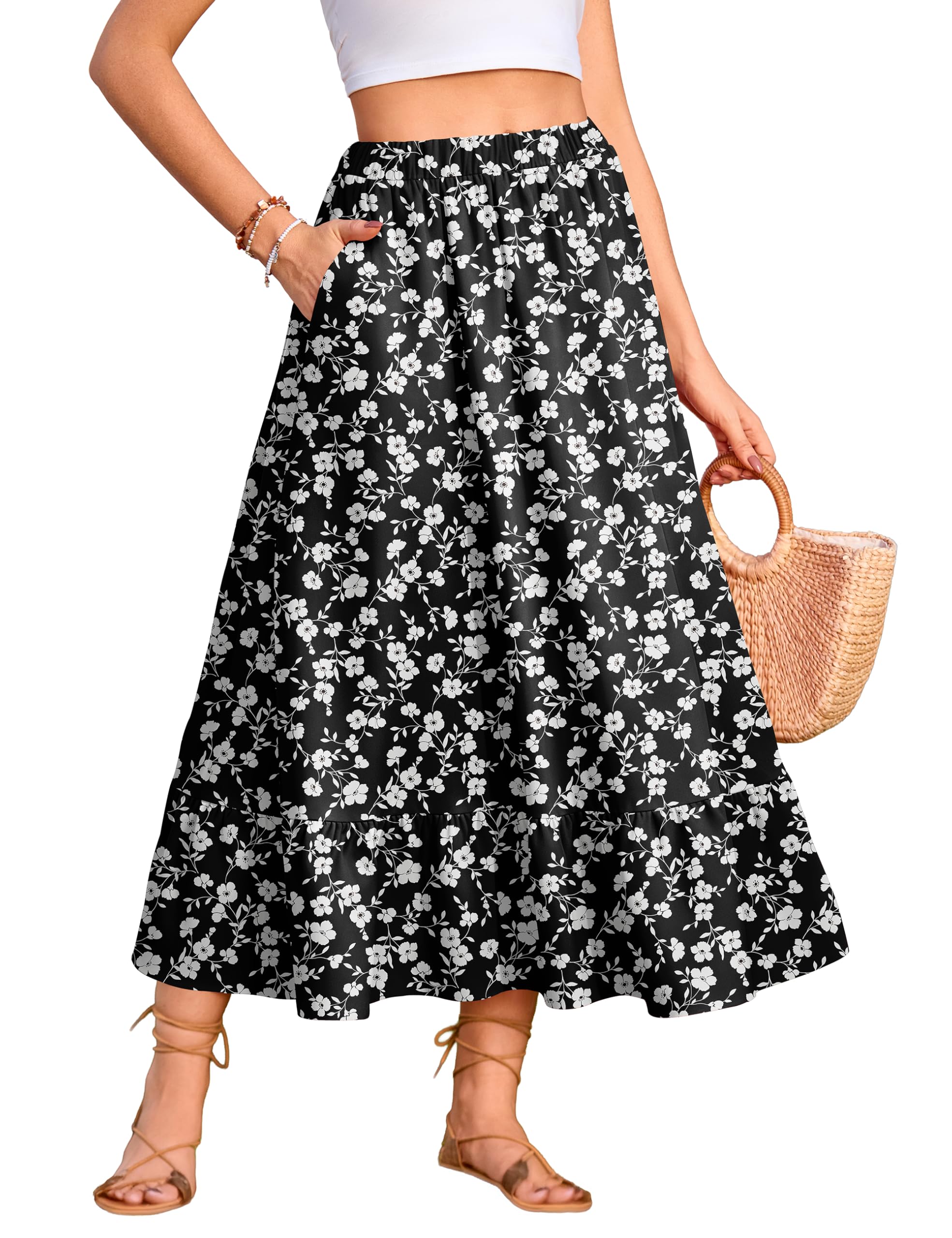 WeciBor Womens Floral Flowy Midi Skirts with Pockets High Waisted A Line Tiered Long Skirts Beach Vacation Outfits