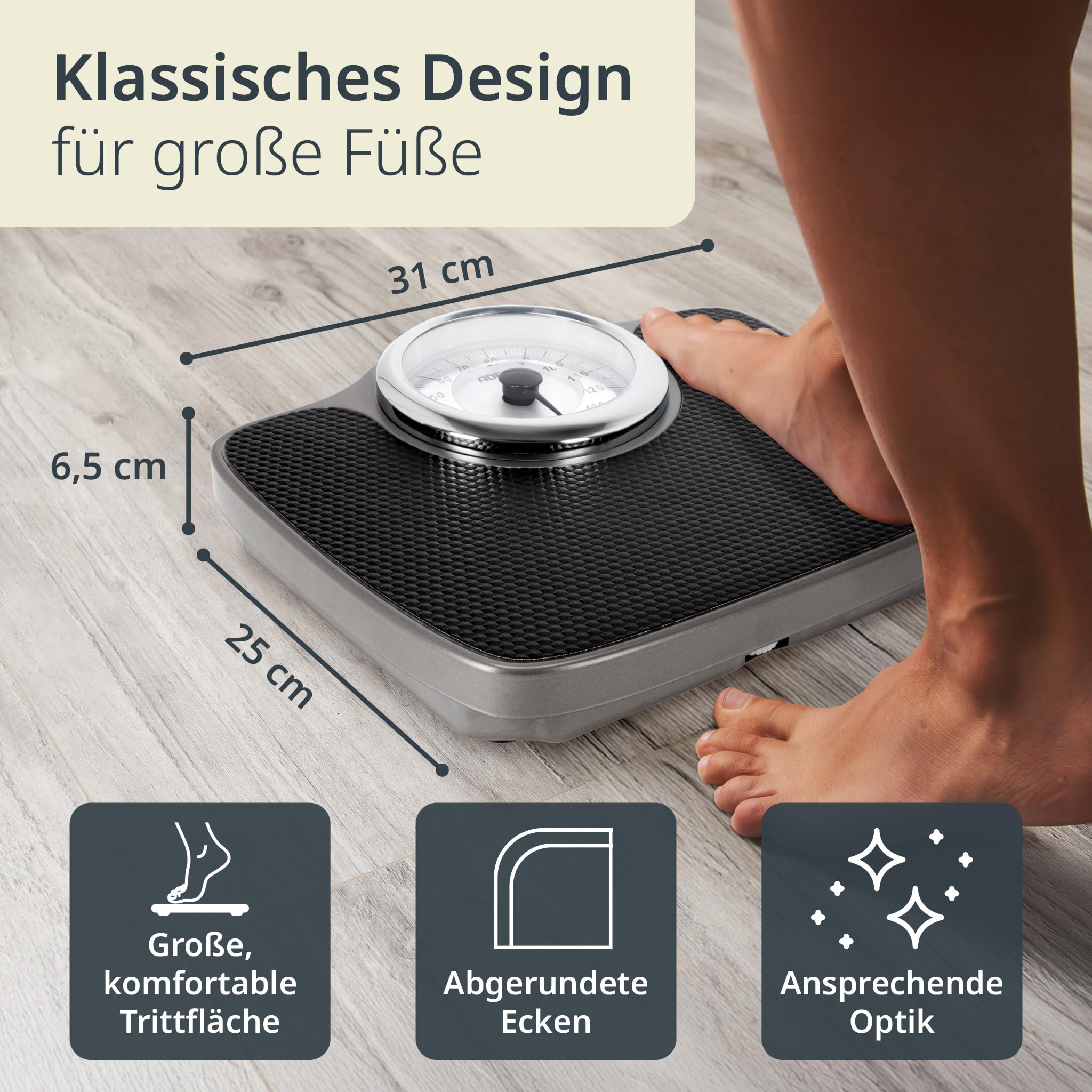 ADE Personenwaage analog bis 150 kg | mechanische Körperwaage mit großer rutschfester Wiegefläche | extra große Vollsichtskala