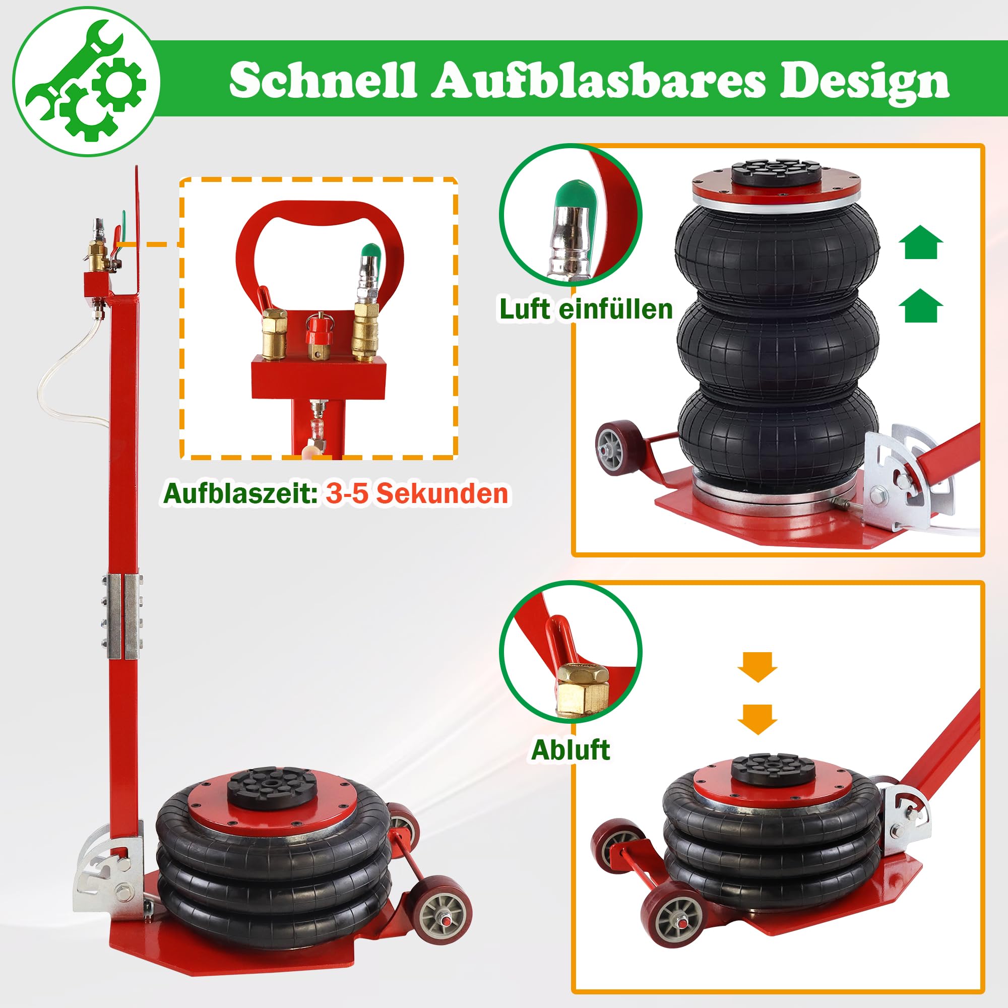 SUBTLETY 3T Pneumatischer Wagenheber Air Jack Luftkissenheber mit 150-400mm Dreifachbeutel Luftheber & Langes Griff 6600 Pfund Hubwagen Luftwagenheber Wagenheberheber für SUV LKW KFZ Automobiles