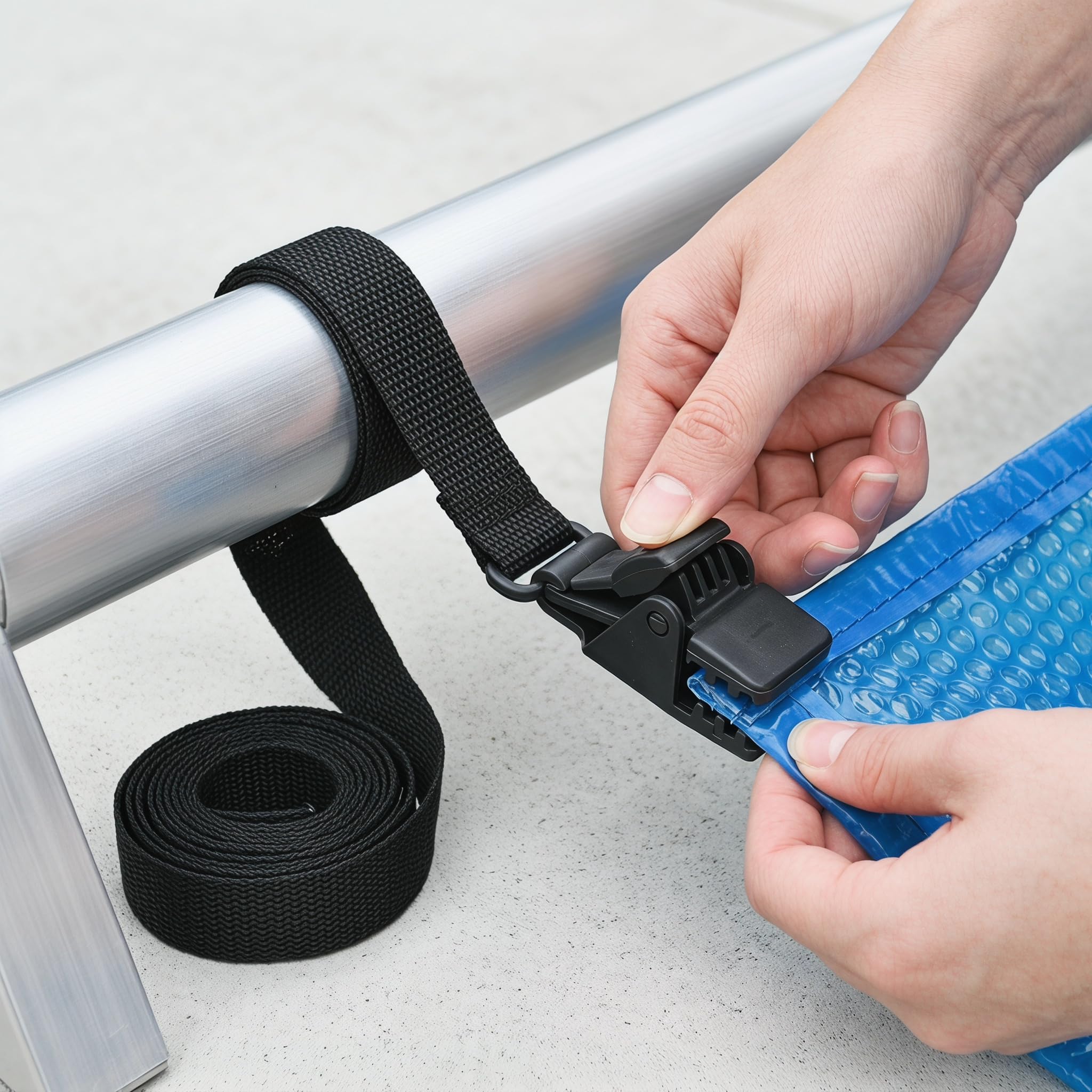 Juego de 8 Enrollador para Piscina, Dispositivo de Enrollado, Cintas de Sujeción con Clips, Cintas de Sujeción y Accesorios, Cinta Enrollador Piscina para Cubiertas Solares Correas de Sujeción