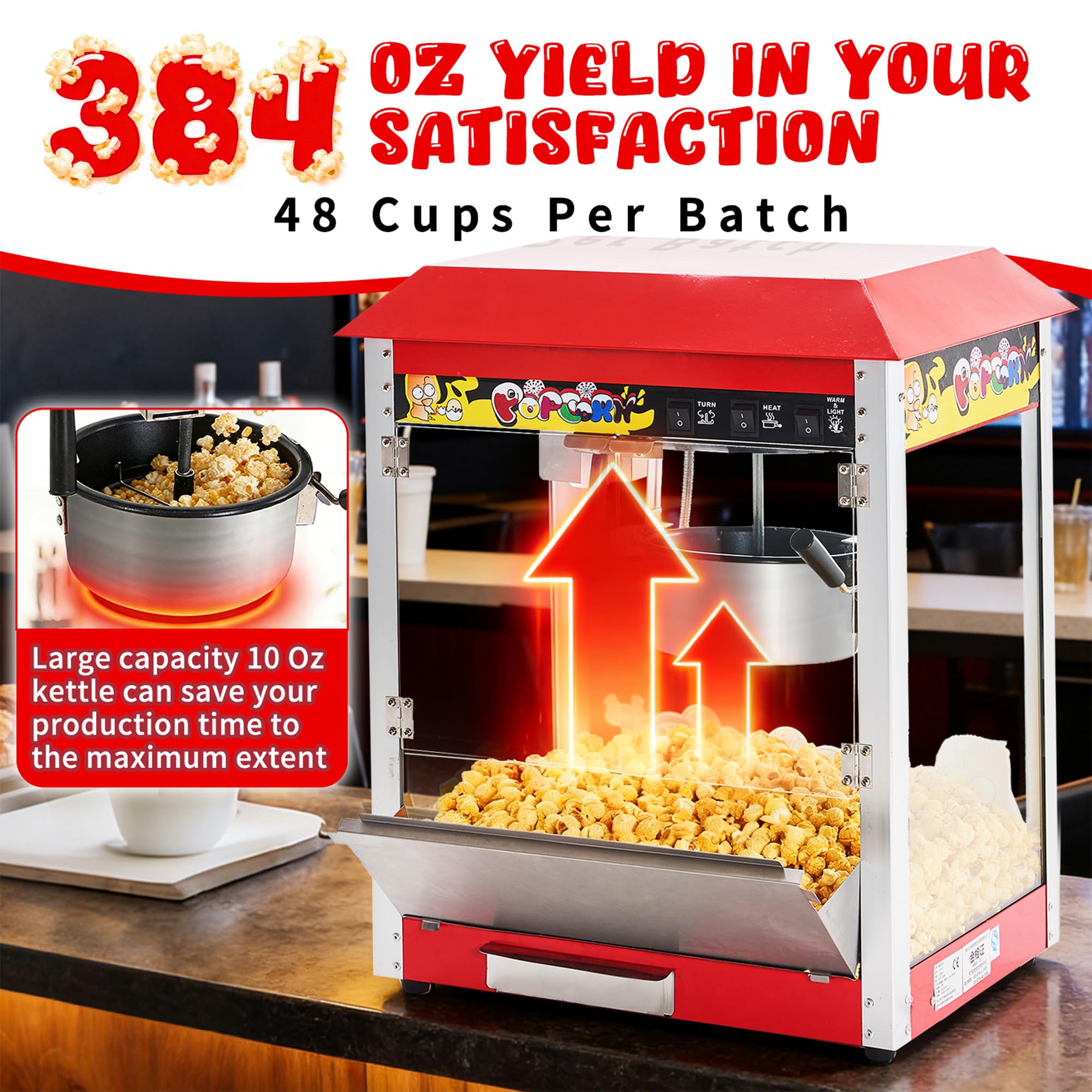 Machine à Popcorn Classique à Poser, Appareil à Pop-corn de Comptoir Électrique 1300 W, Il peut Produire 60 Tasses de Pop-corn à la fois, pour soirée cinéma