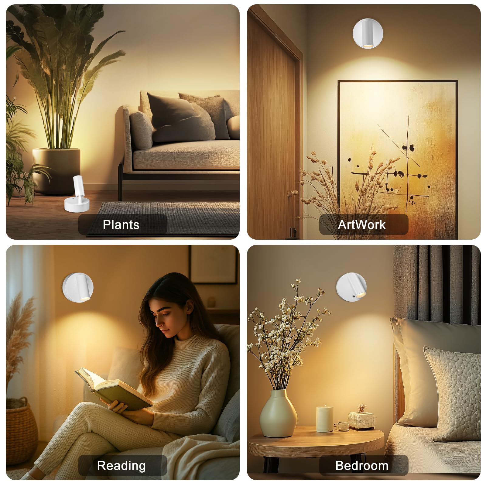 Kimjo LED Kabellose Spotlight Aufladbar Wandstrahler, Weiß Batteriebetriebene Wandleuchte Innen, USB-C Dimmbare Wandspot mit Fernbedienung, Drehbare Wandlampe Akku für Wohnzimmer Schlafzimmer, 2 Pack