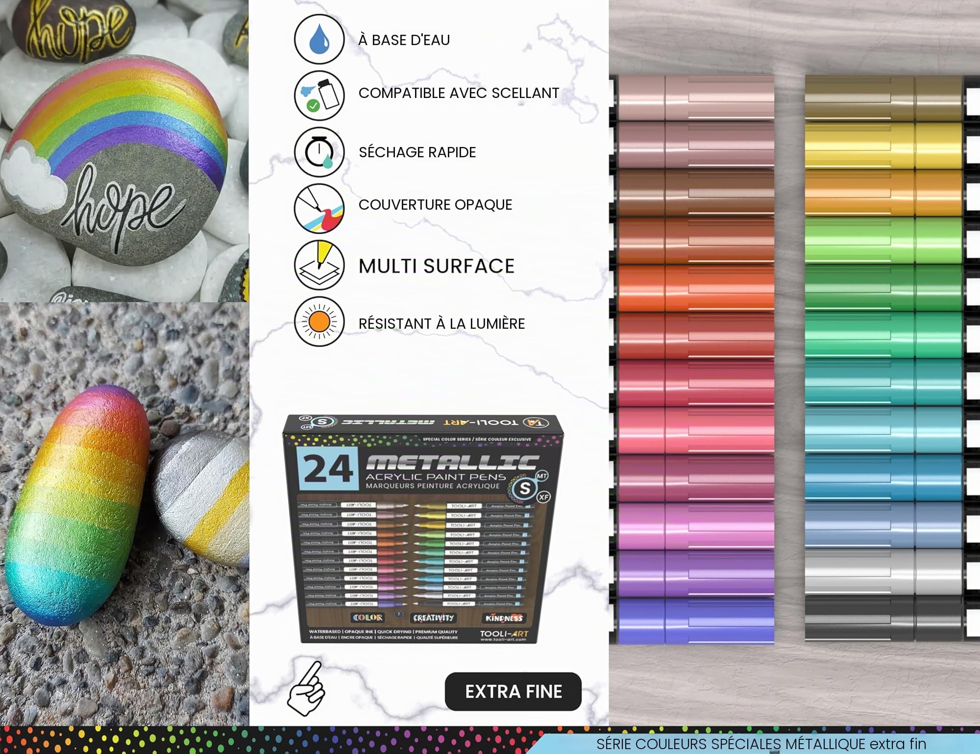 Lot de 24 marqueurs peinture acrylique métallisée à pointe extra fine de 0,7 mm pour peinture sur pierre, verre, bois, métal, toile, loisirs créatifs, non toxiques, à base dʼeau et à séchage rapide