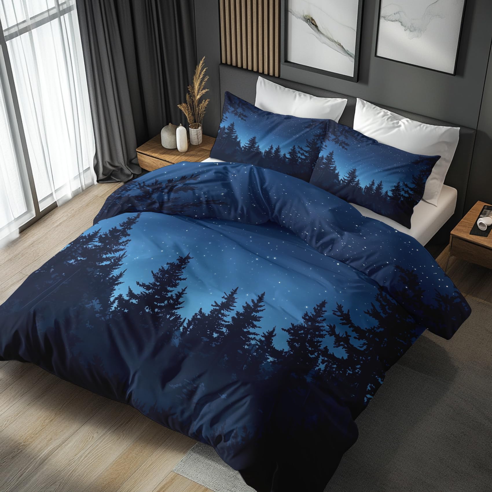 NOGAWA Forest King Size Duvet Cover Sets - Woodland Starry Sky Bedding Set - Reversible Quilt Cover & 2 Pillowcases with Zip and Ties, Soft and Non Iron Brushed Microfibre Bed Set 230x220