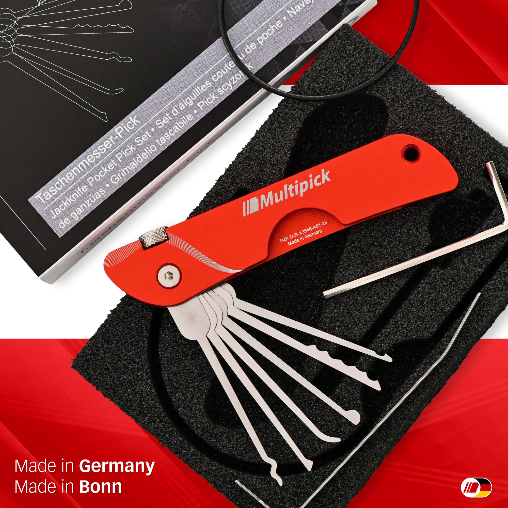MULTIPICK Coltello tascabile Grimaldelli Set Professionale Rosso [7 strumenti] Kit Grimaldelli - Lockpicking Set - Set di Grimaldelli - Grimaldelli professionali - Lock picking