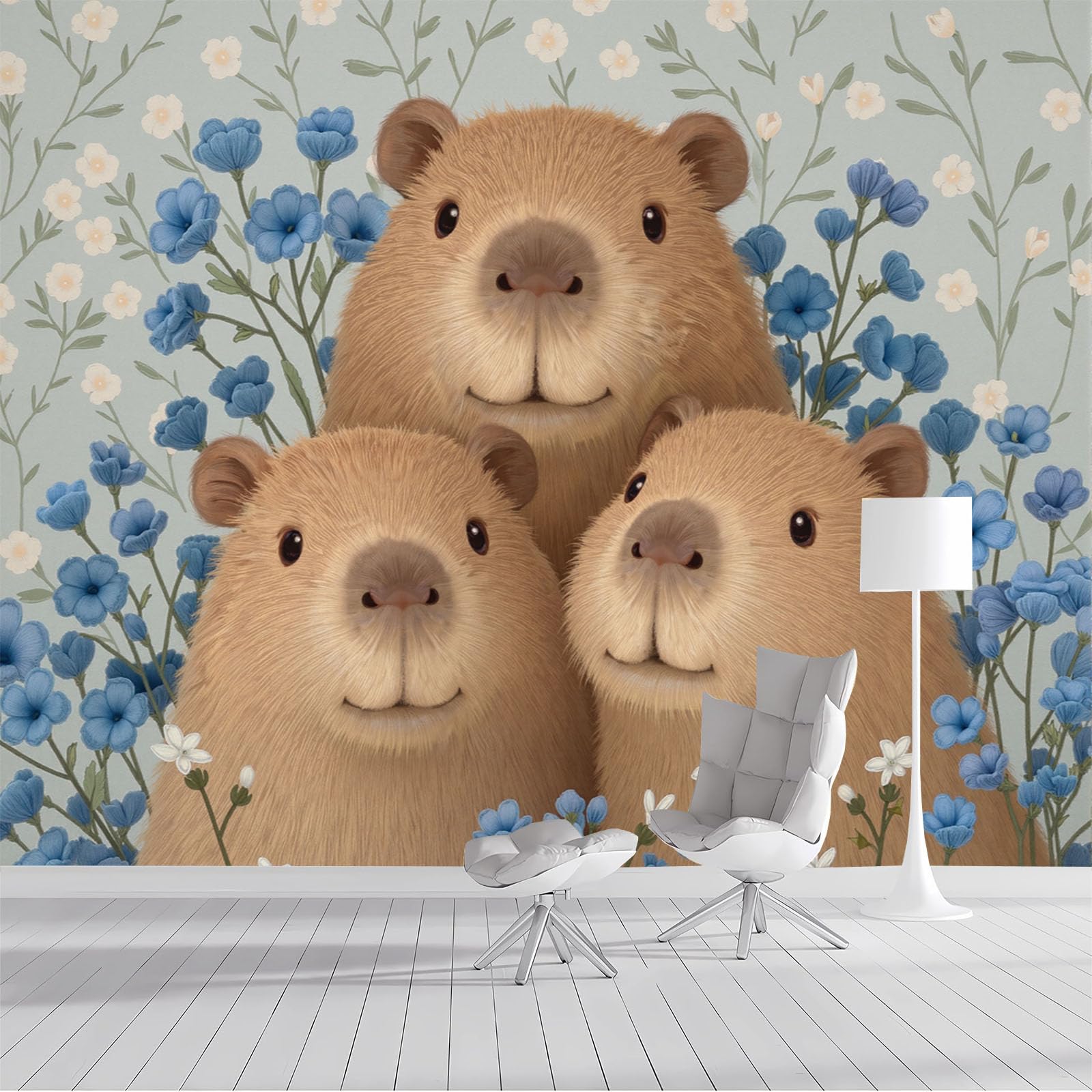 Papier Peint Soie Capybara Panoramique Brun 300x210cm pour Salon et Bureau