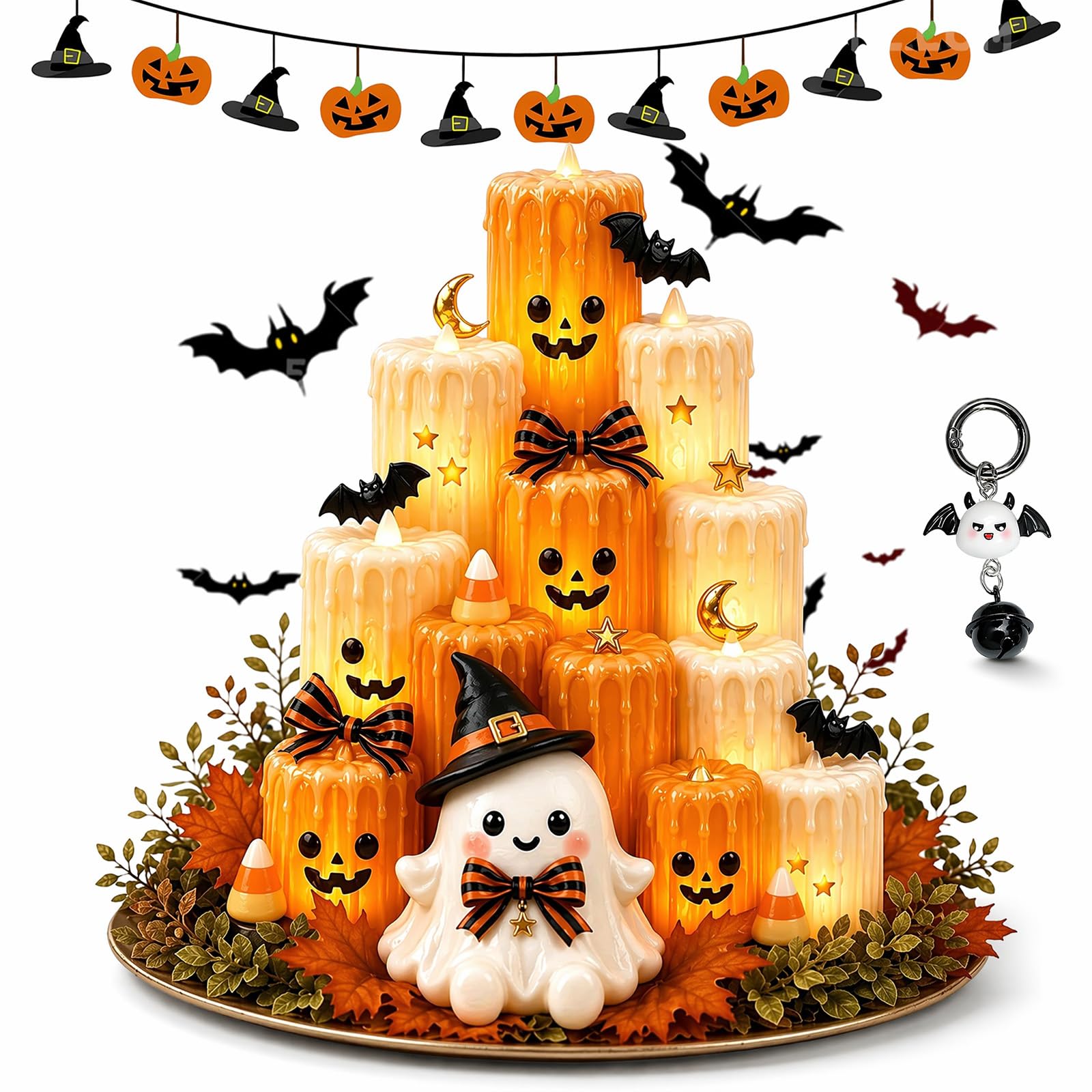 Gienslru Pumpkin Electronic Candle Light, Flameless Warm Hand-Crafted Pumpkin Candle Light Tower, Halloween-Colored Ghost Pumpkins Candy Lights for Mantel Shelf Dining Table Fall Party Home (1pc)