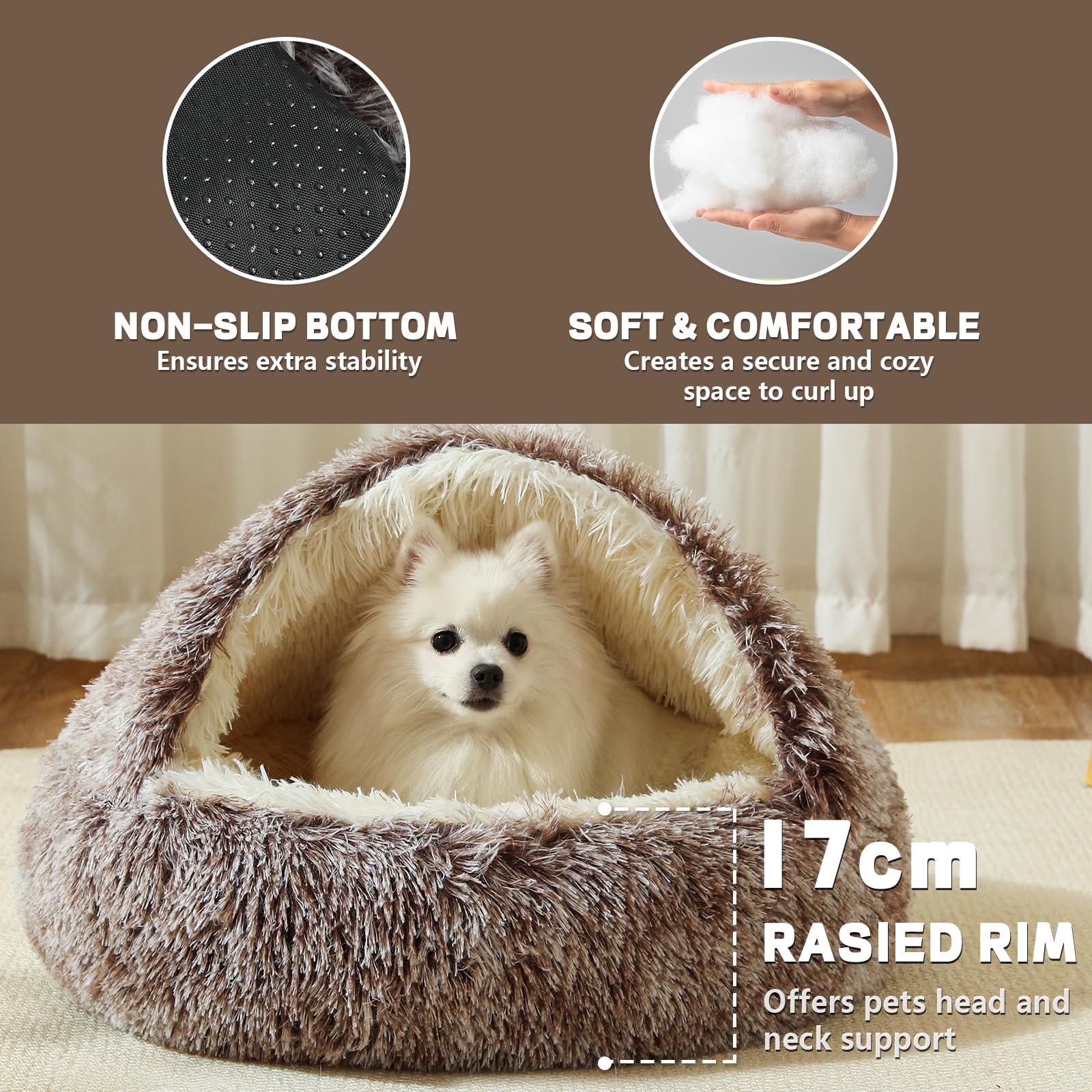 Cama tipo cueva para perros, cama lavable para perros pequeños y medianos con parte inferior antideslizante, marrón degradado, 70 cm