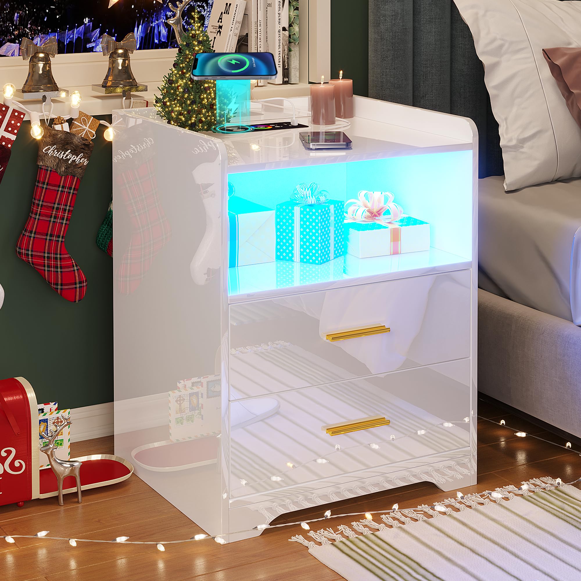 WOOVIVS White Nightstand with USB+Type-C+Wireless Charging Station, LED Night Stand has 24-Colors Lights, Side End Table with Sensor Mode, High-Gloss Bedside Table with Drawers for Bedroom Furniture