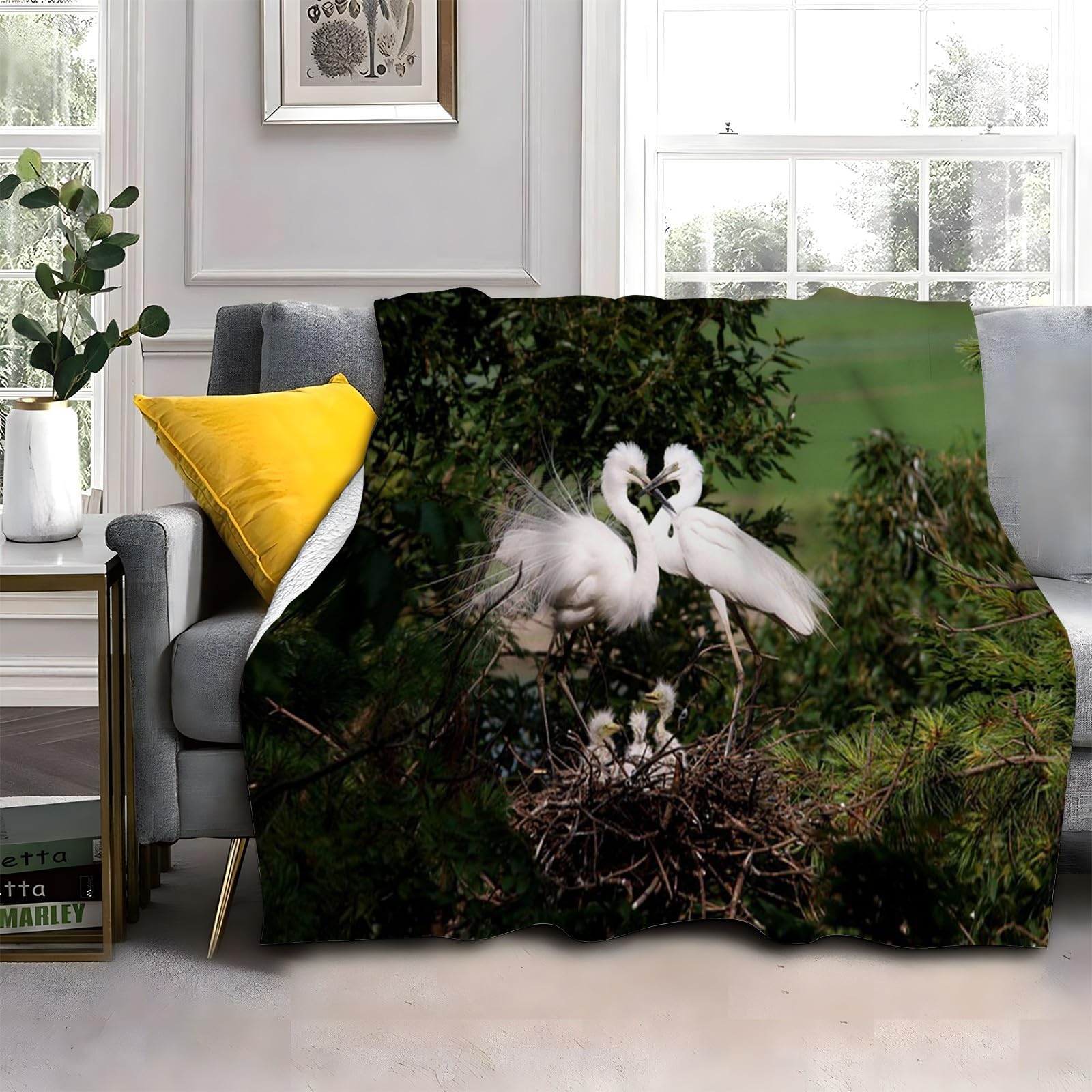 LLSZAHD Egret Fleece Blanket, Green Plants Throw Blanket, Soft Warm Fuzzy Washable Blanket for Sofa, Chair, Lap, Travel, Pets, excellent gift (40"x60")