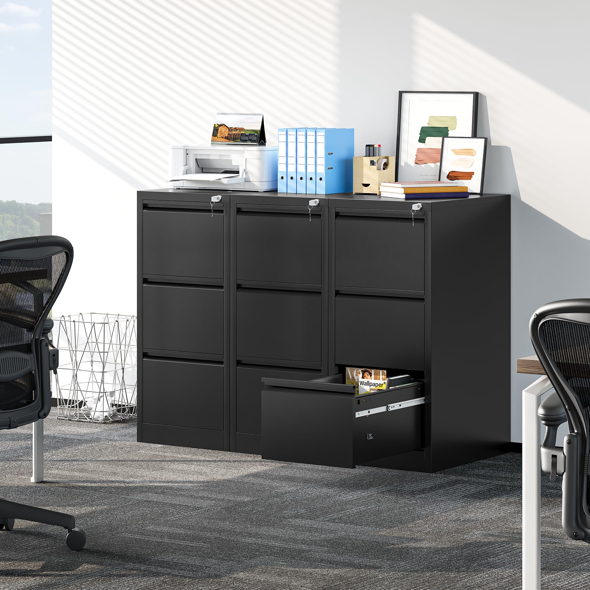 YITAHOME Aktenschrank mit 3 Abschließbaren Schubladen, Kippsicherer Rollender Aktenschrank mit Rädern für das Büro zu Hause, Unter-Pult-Aktenschränke, schwarz, 62 x 45.8 x 102.5cm