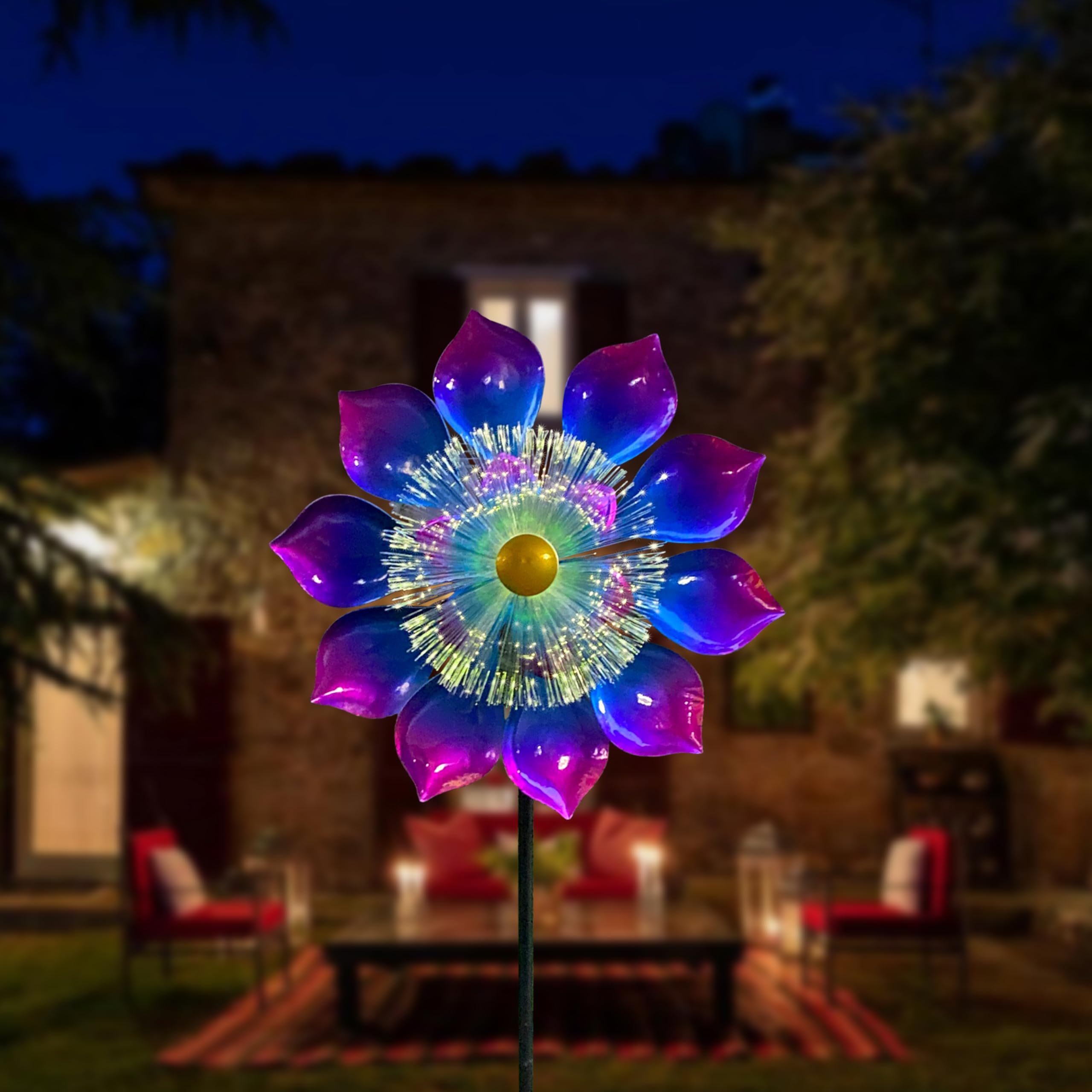 WAIU Solar Wind Spinner - Illuminated Metal Yard Art with Stake | Colorful Kinetic Sculpture for Garden, Lawn & Patio Decor