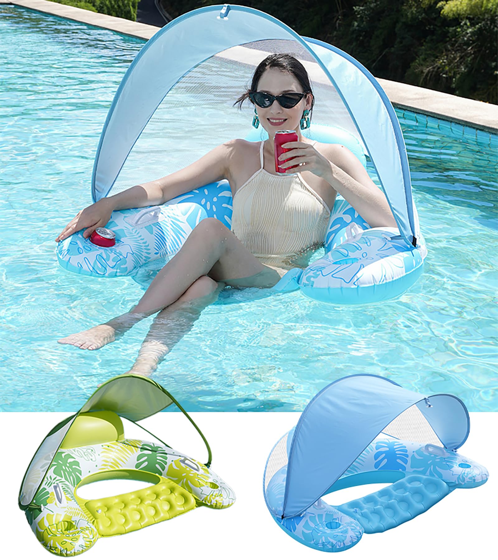 Pool Floats Adult Inflatable Float with Adjustable Canopy Cup Holders Headrest Handles Pool Chair Floaties for Lake Beach Water Fun