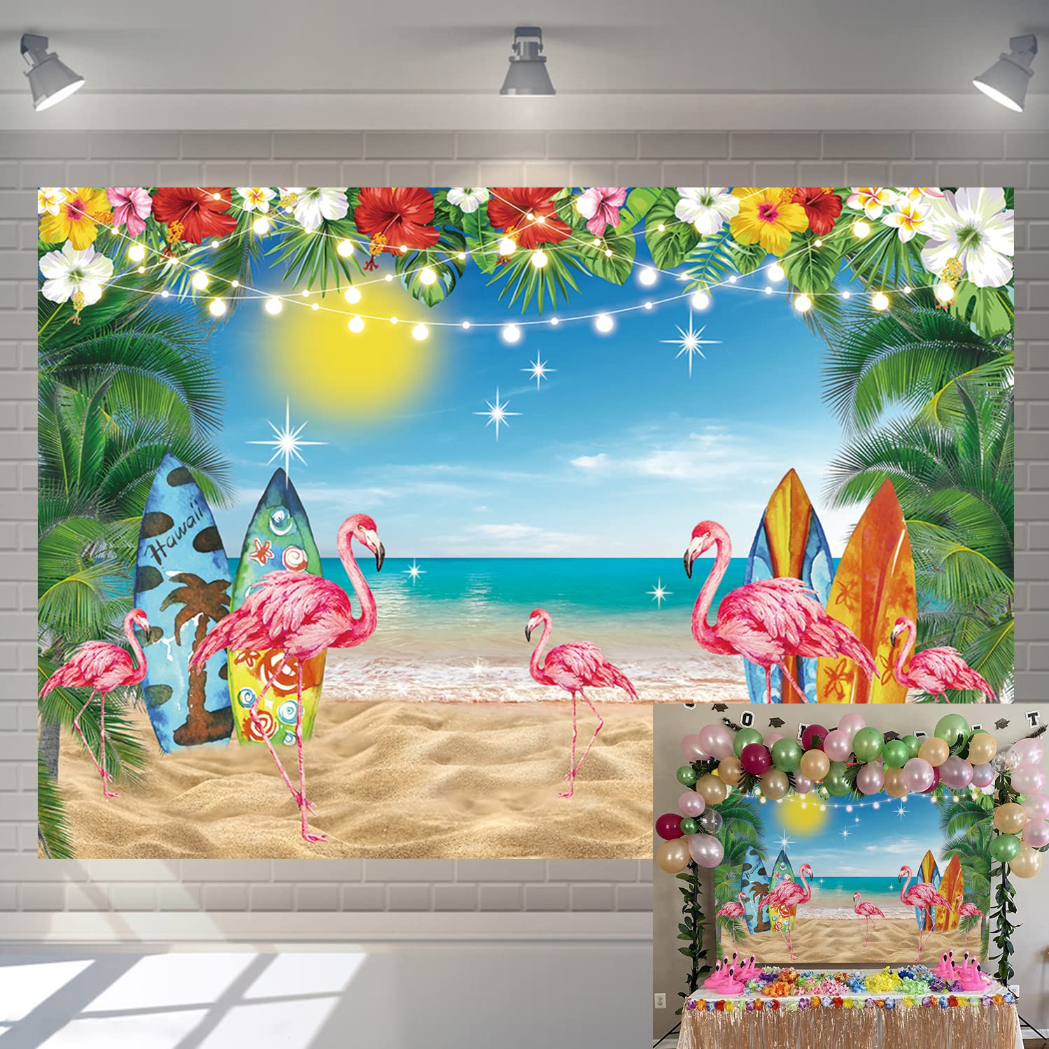 Sfondo Fotografico Hawaiano 240x180 Cm Con Fiori Tropicali E Fenicotteri – Perfetto Per Feste A Tema Spiaggia E Luau