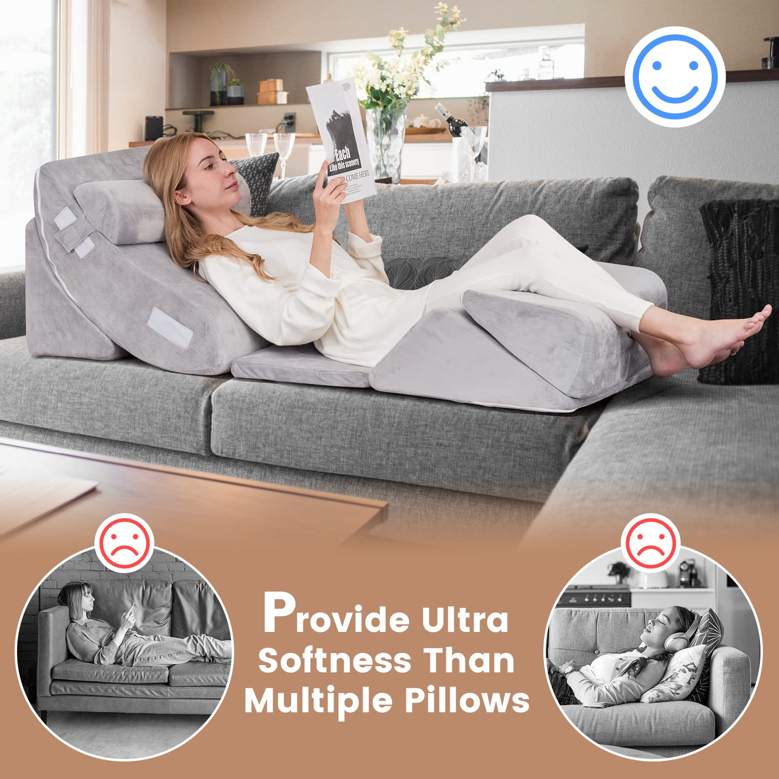 GOPLUS Juego de 6 Almohadas en Cuña de Espuma con Memoria | Almohada Ortopédica Ajustable para Cuello y Piernas, Alivio del Dolor de Espalda, con Funda Lavable, Gris