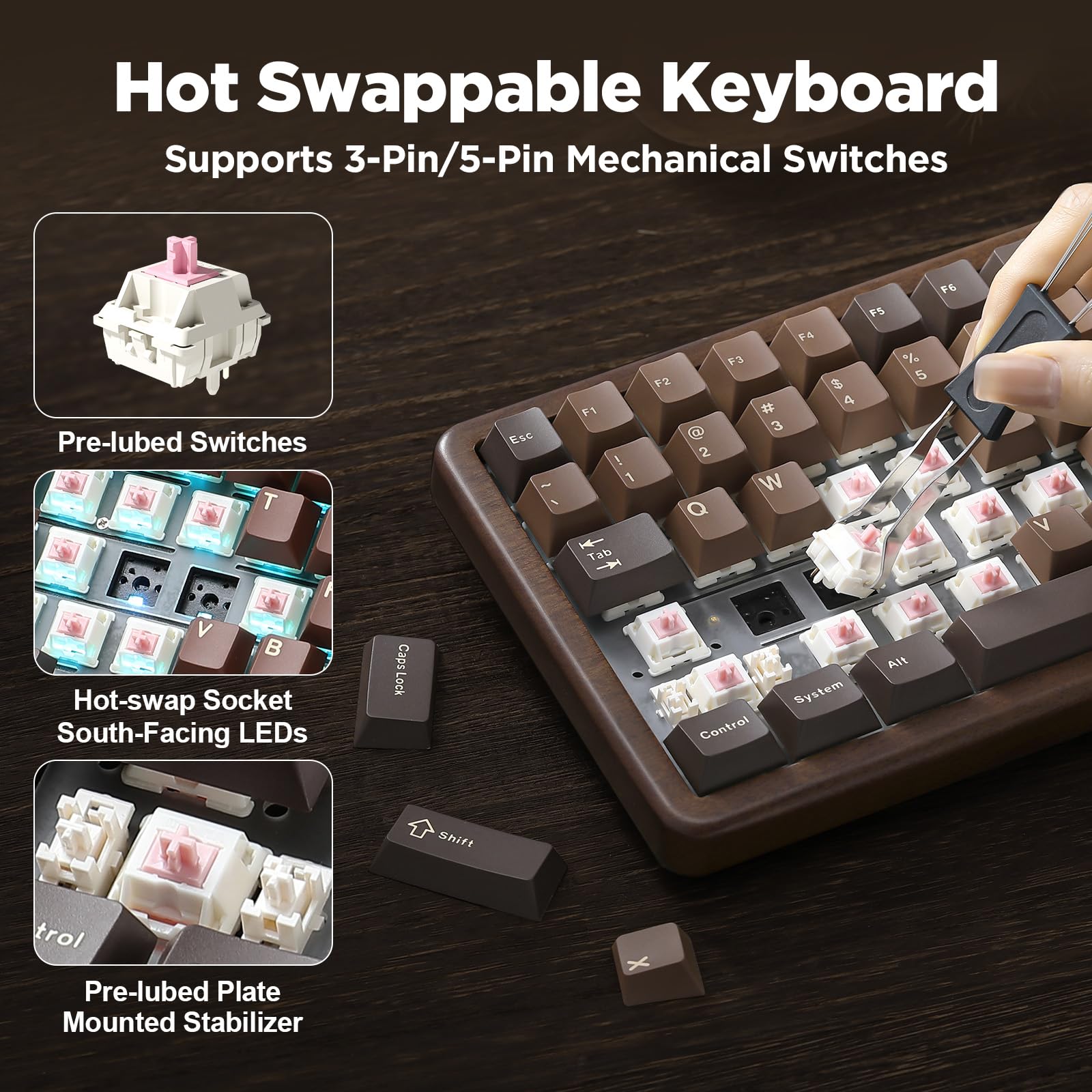 YUNZII WOOD84 Teclado Mecánico Gaming Inalámbrico 75% en Madera (Candy) | Bluetooth/2.4G/USB-C, Retroiluminación RGB, Montaje Tray, Hot-Swap con Teclas PBT Keyboard US ANSI para Mac/PC