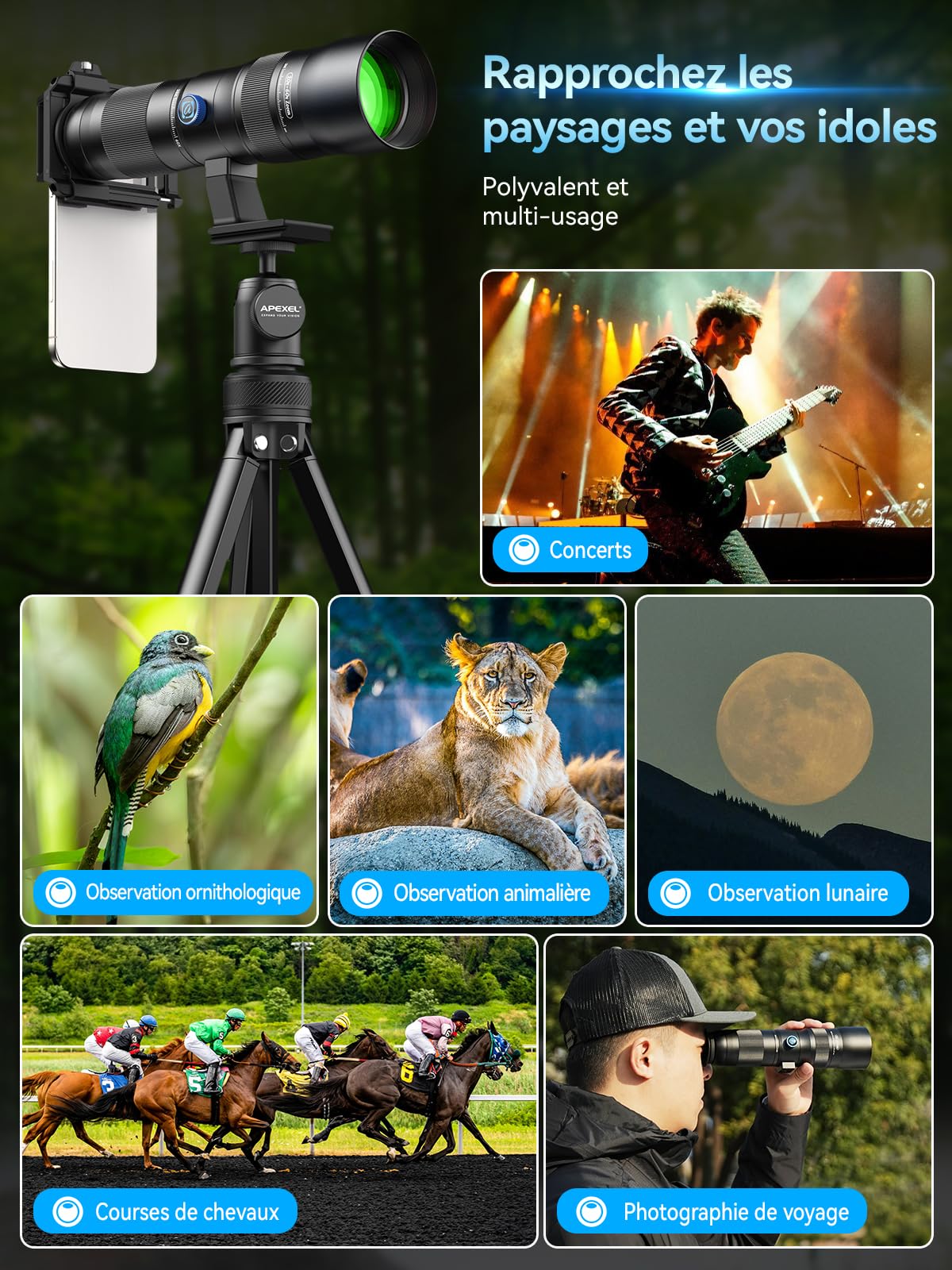 APEXEL Téléobjectif,Objectif Zoom Compact Professionnel 20-60X pour Smartphones - Capturez des scènes éloignées avec aisance
