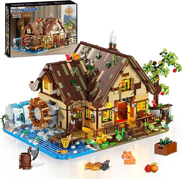 PLAXSOON Wood Cabin Mini Building Set with Lights, Forest House Building Block Kit with Animals Stream Waterwheel, 2570 PCS Treehouse Construction Model Toy Collection for Adults Teens Boys Girls 12+