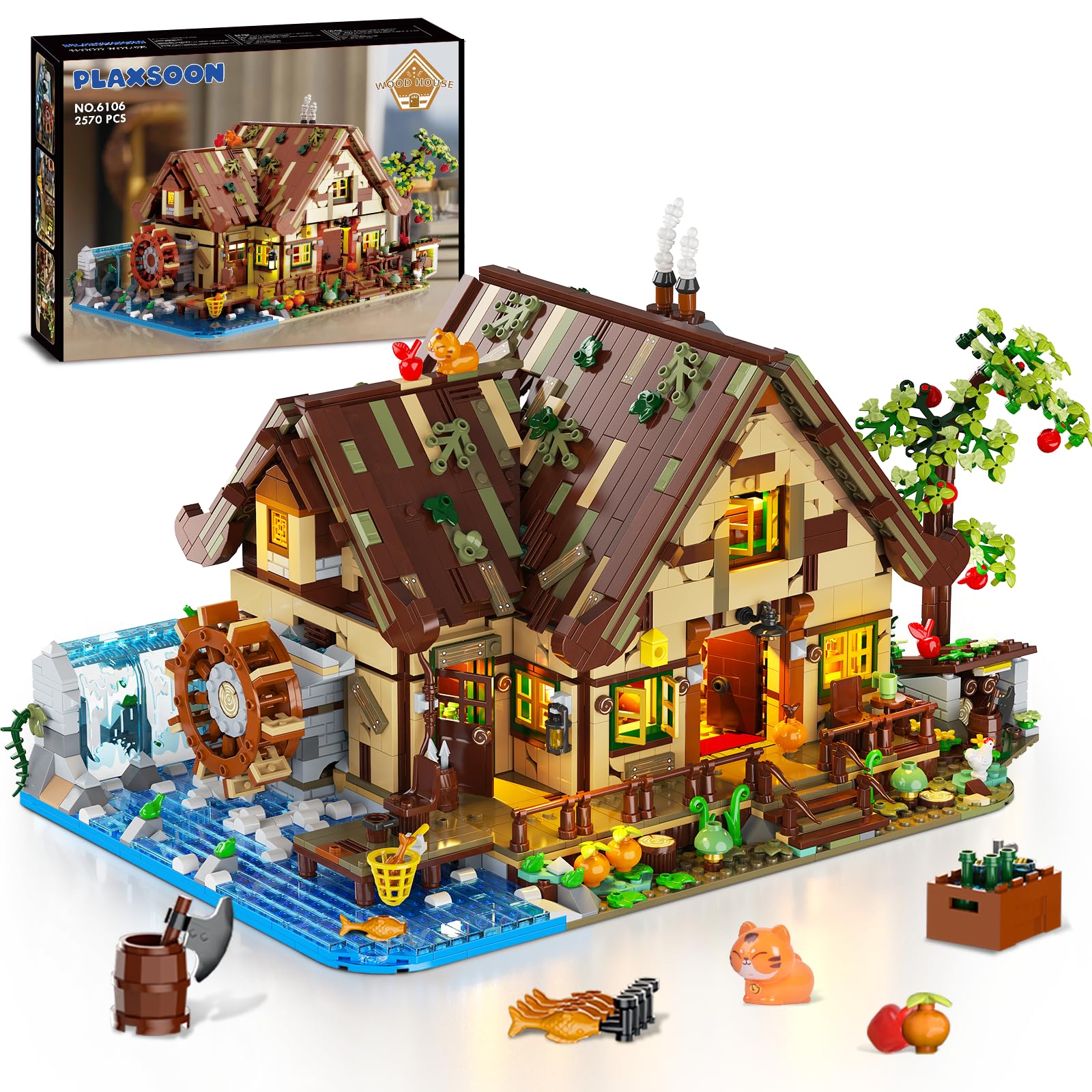 Wood Cabin Mini Building Set with Lights, Forest House Building Block Kit with Animals Stream Waterwheel, 2570 PCS Treehouse Construction Model Toy Collection for Adults Teens Boys Girls 12+
